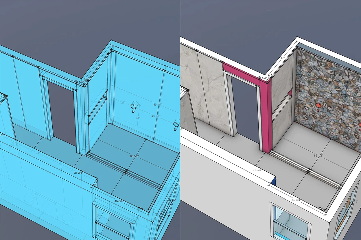 Side-by-side 3D planning diagrams showing digital shower layout and tile installation coordination