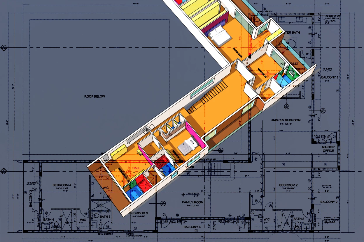 Architectural 3D floor plan diagram used for tile layout coordination and installation planning