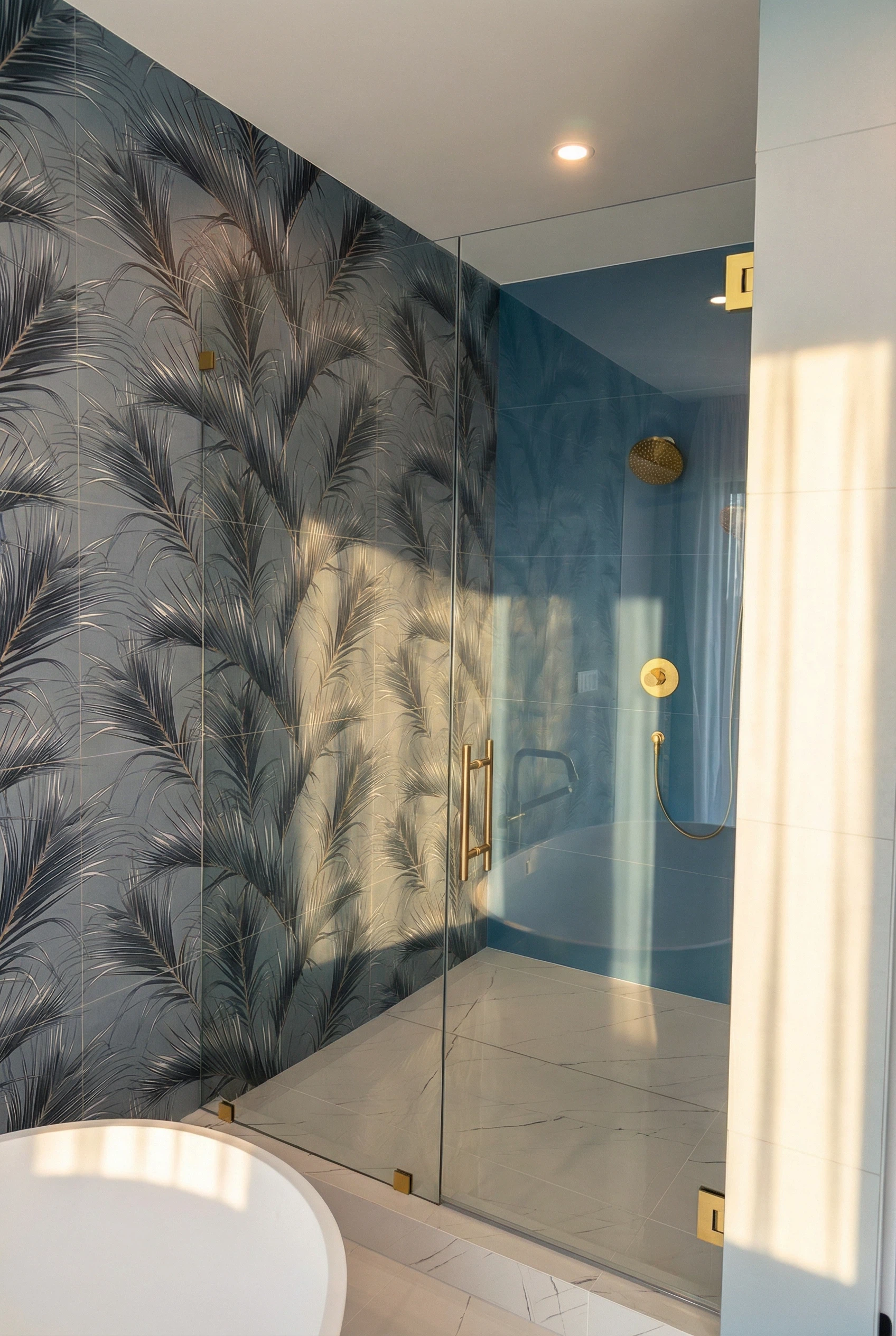 Weston bathroom with custom blue vanity cabinets, LED backlit mirror, freestanding sinks, gold fixtures, and large-format porcelain tile flooring.
