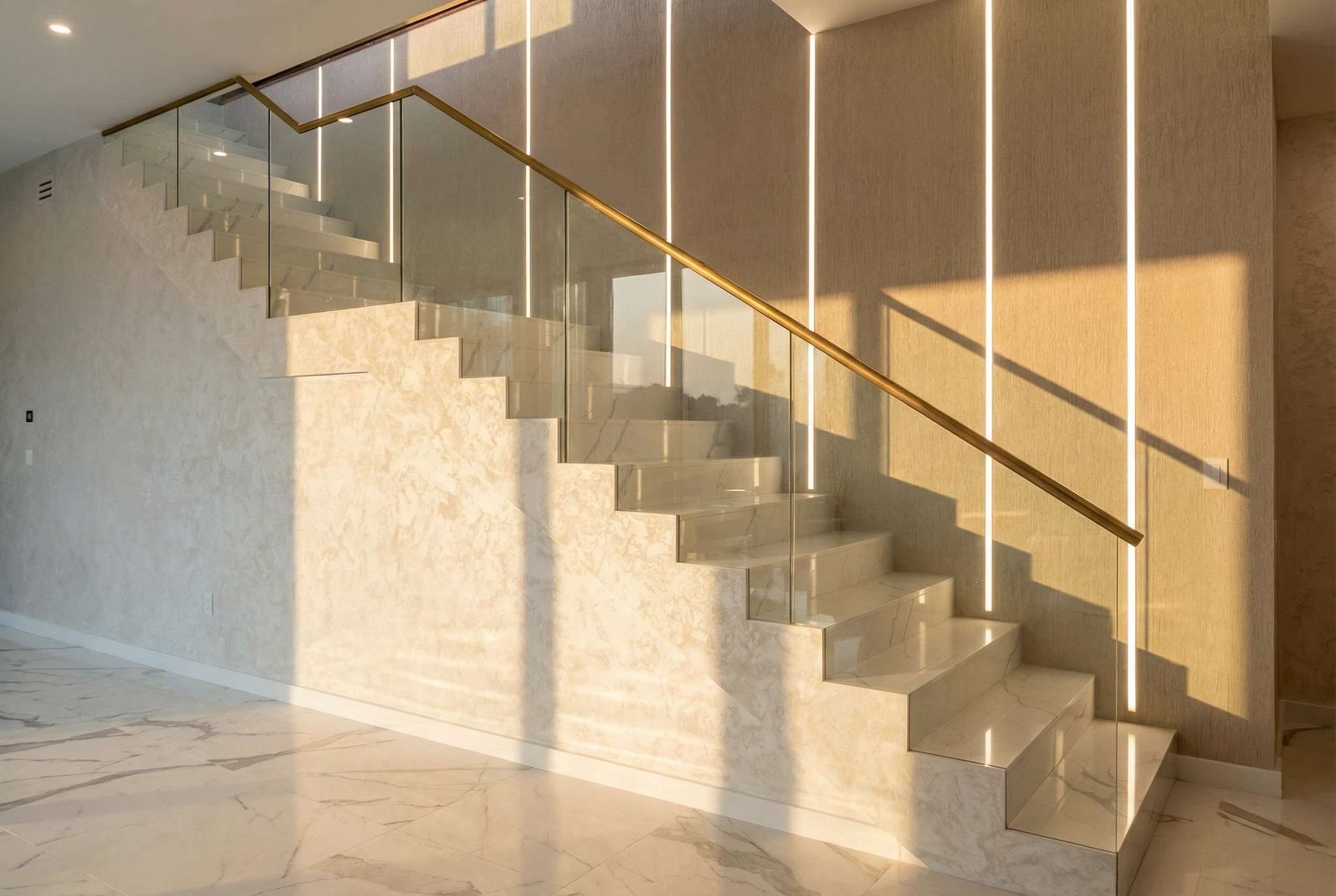 Custom staircase tile installation Miami – large format porcelain steps with glass railing and modern lighting