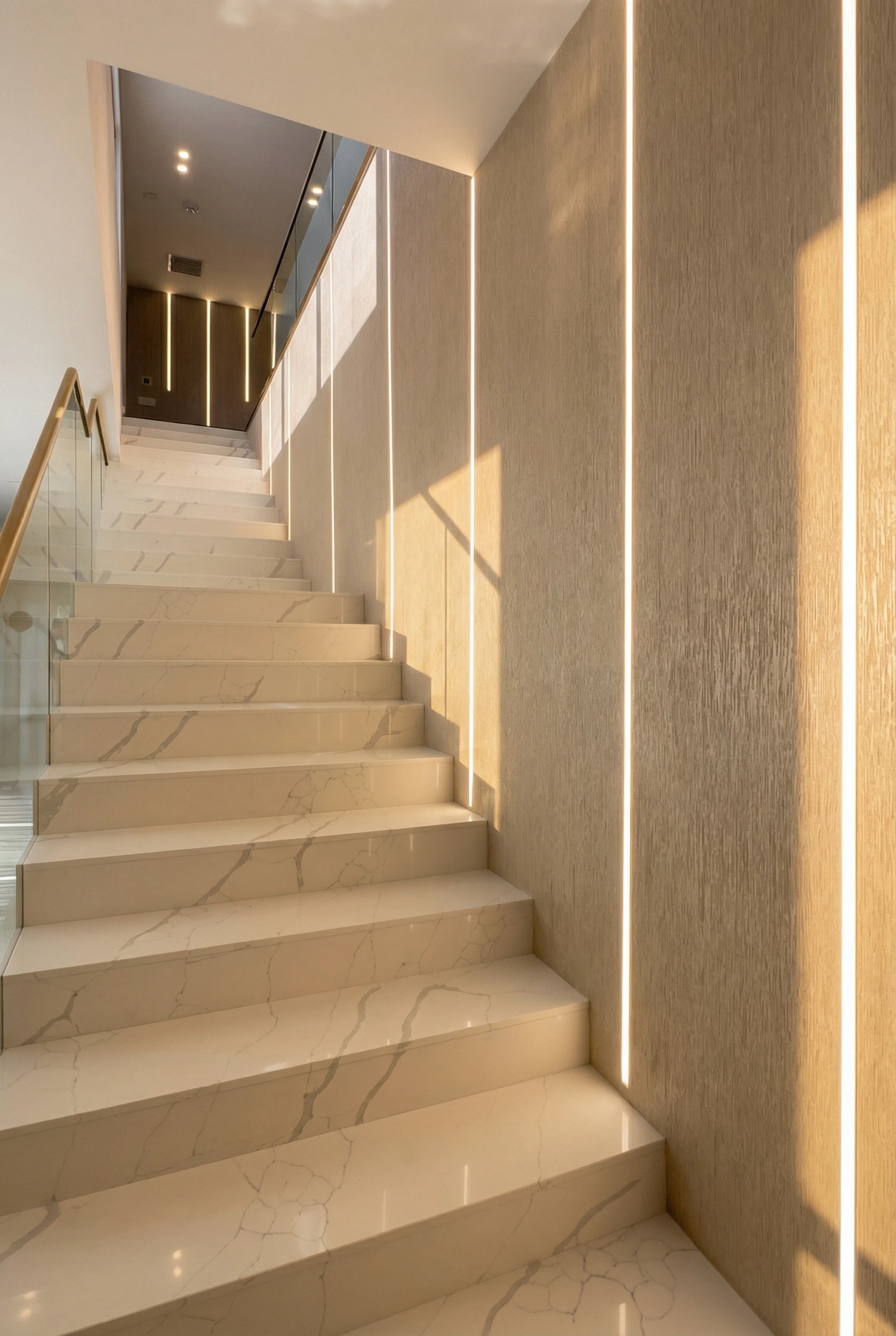 Custom staircase tile installation Miami – large format porcelain steps with glass railing and modern LED lighting
