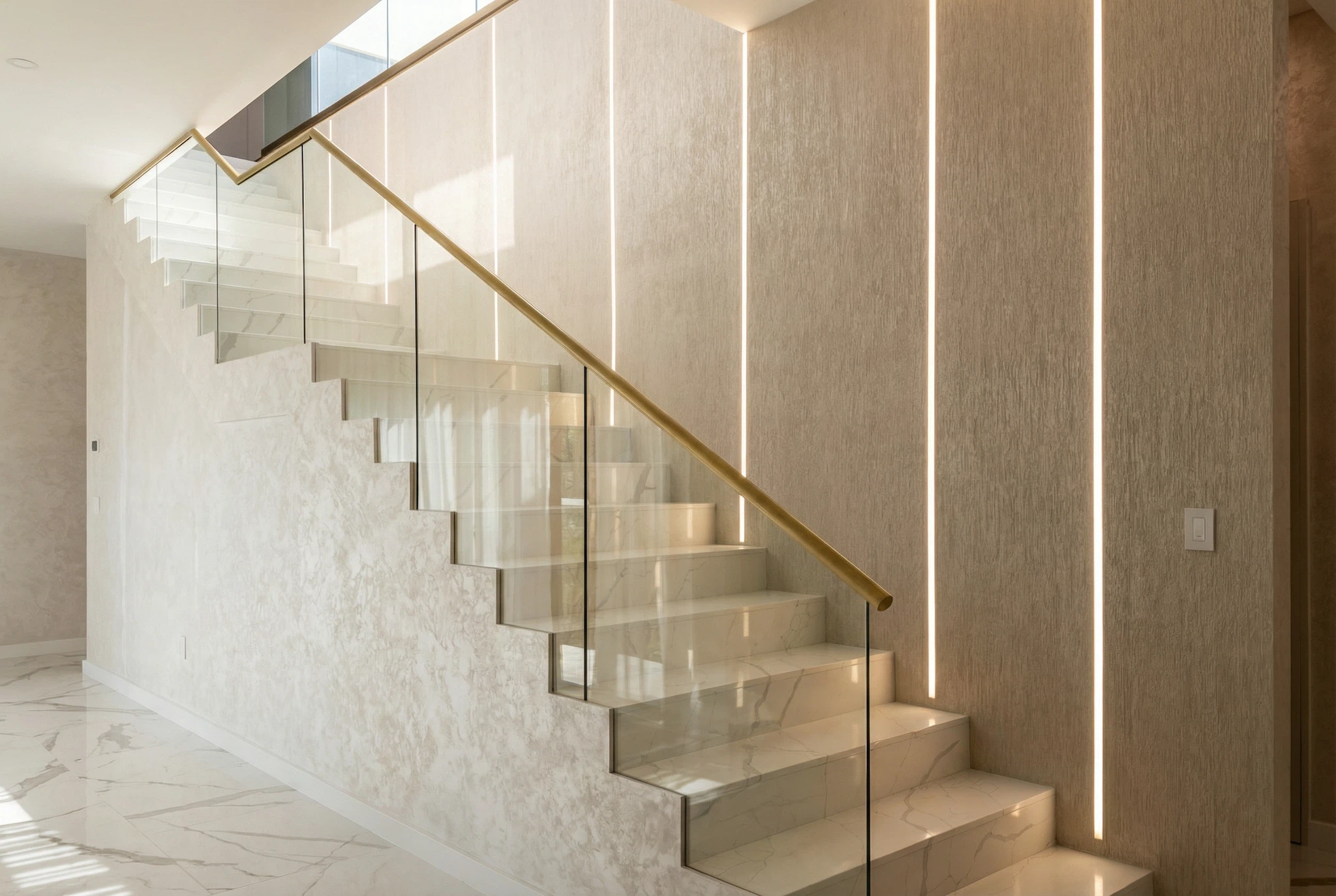 Custom staircase tile installation Miami – large format porcelain steps with glass railing and modern lighting