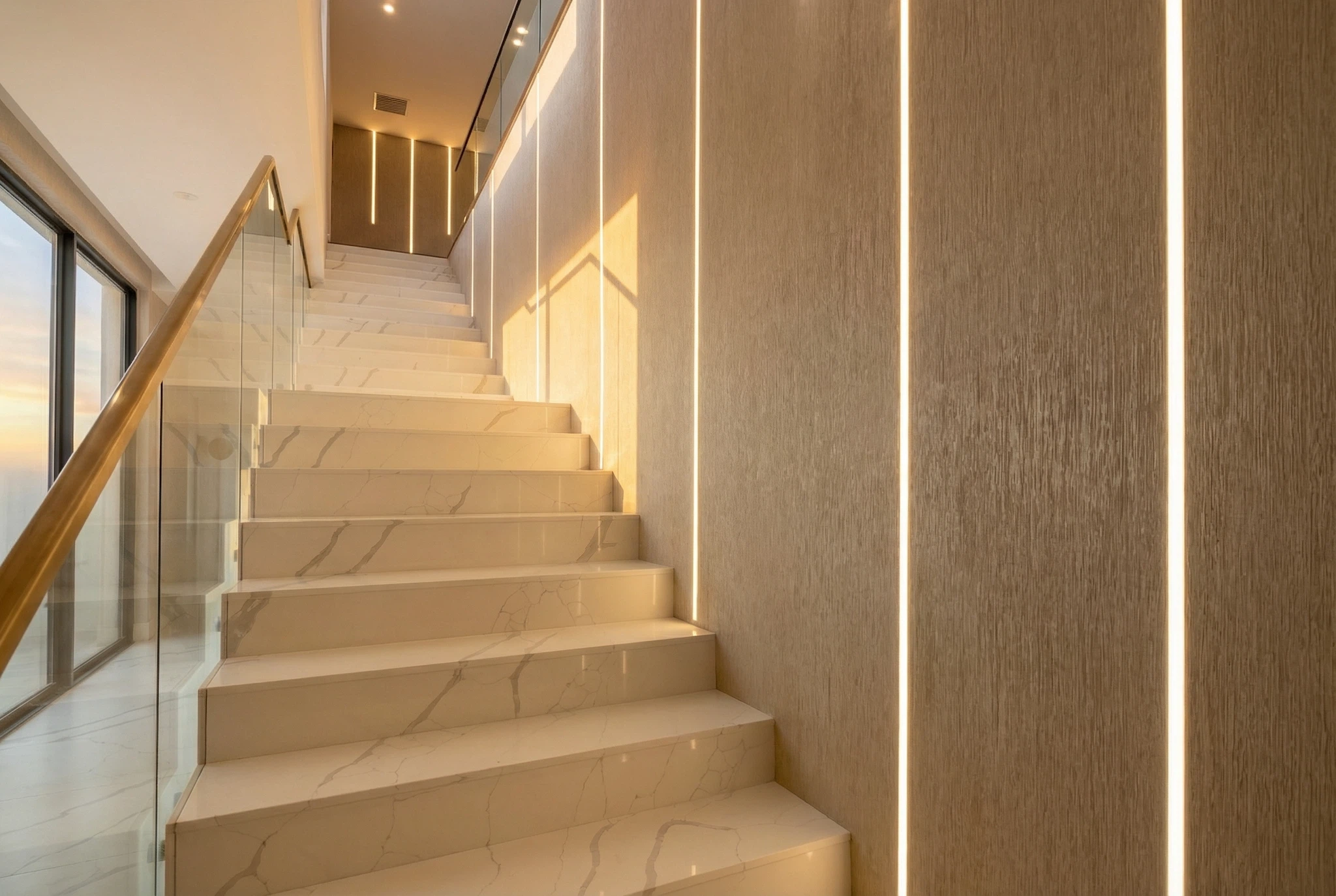 Modern tiled staircase with glass railing and integrated strip LED lighting
