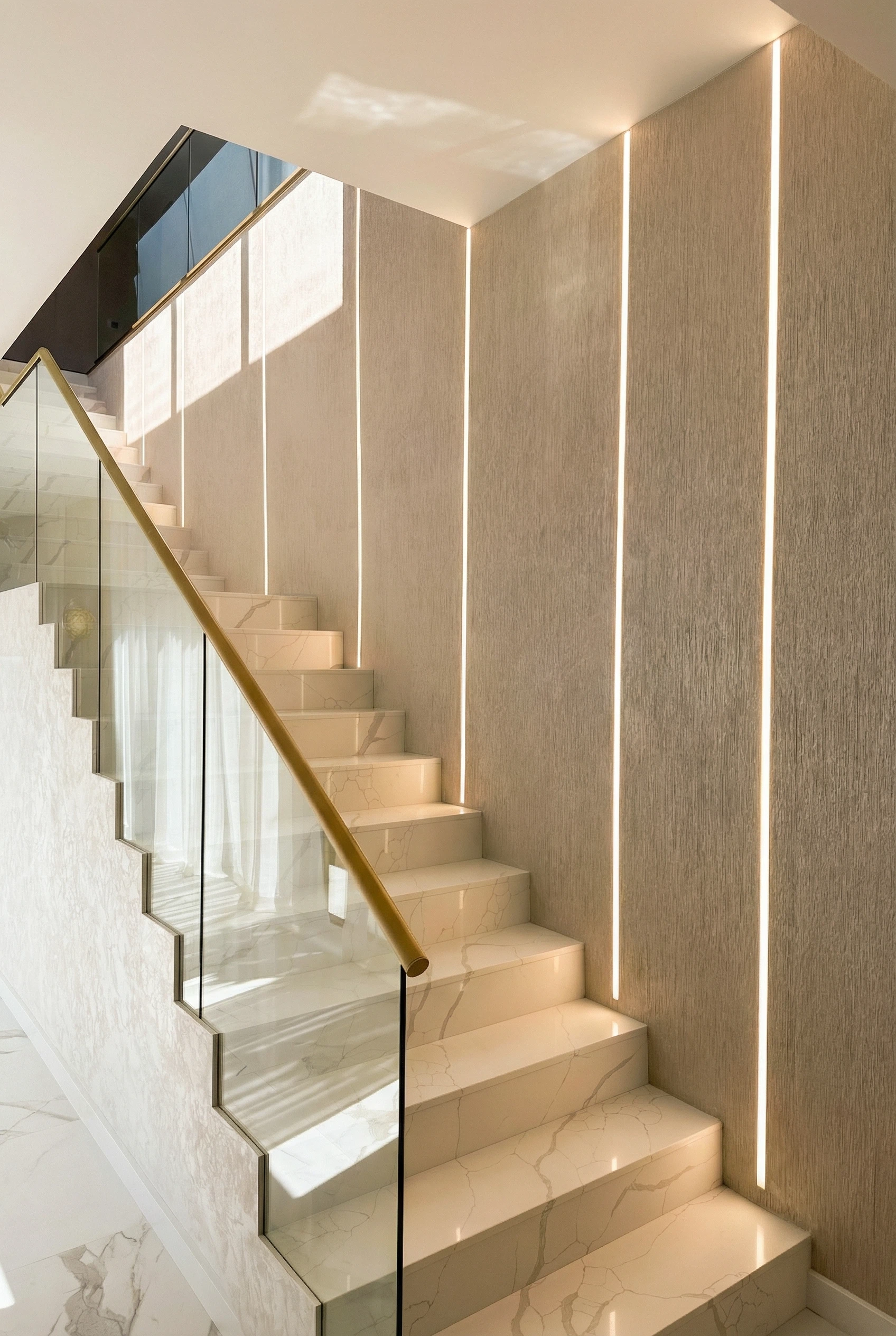 Miami Modern tiled staircase with glass railing and integrated lighting