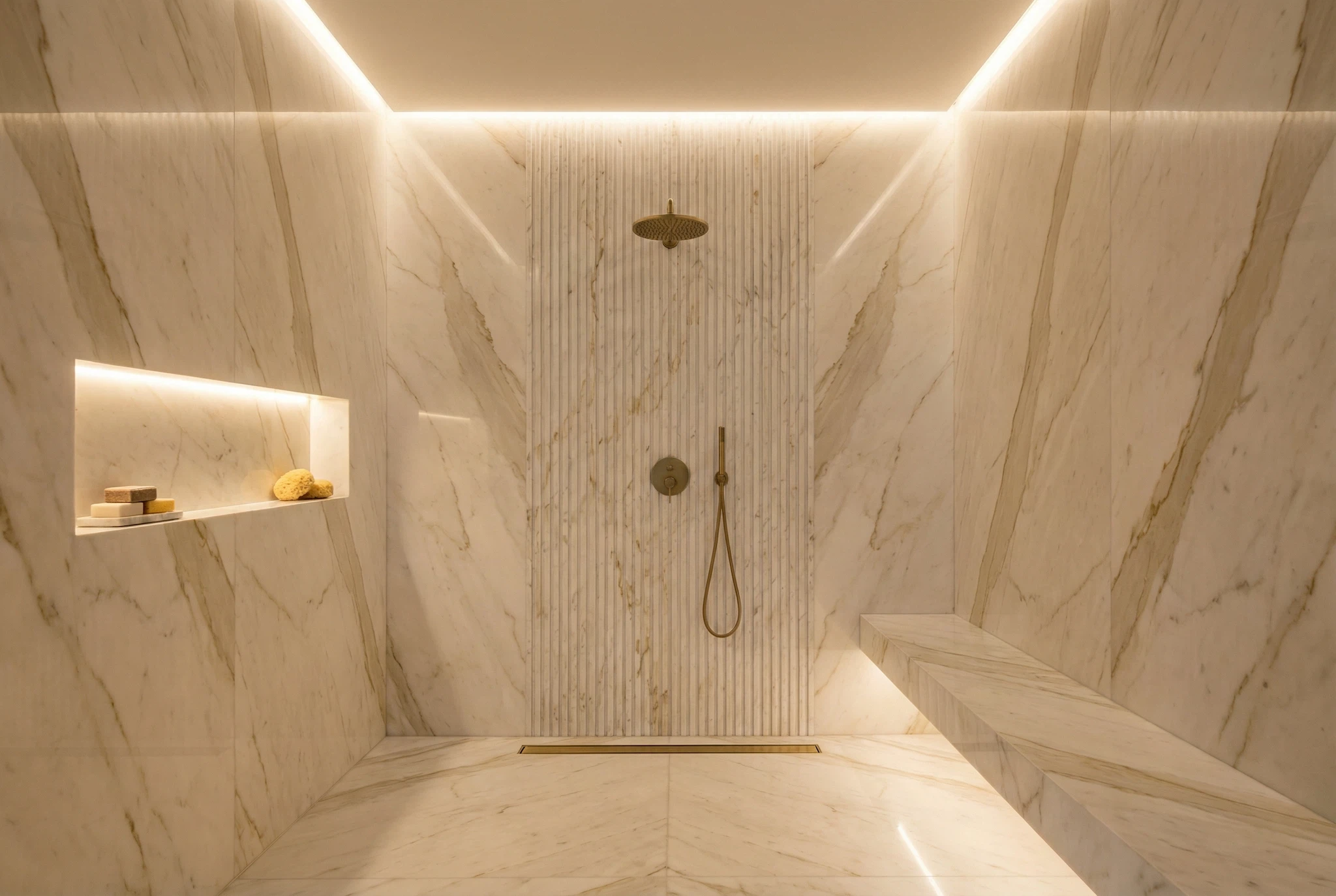 Large-format slab tile shower installation in Miami with floor-to-ceiling marble-look porcelain panels and linear drain