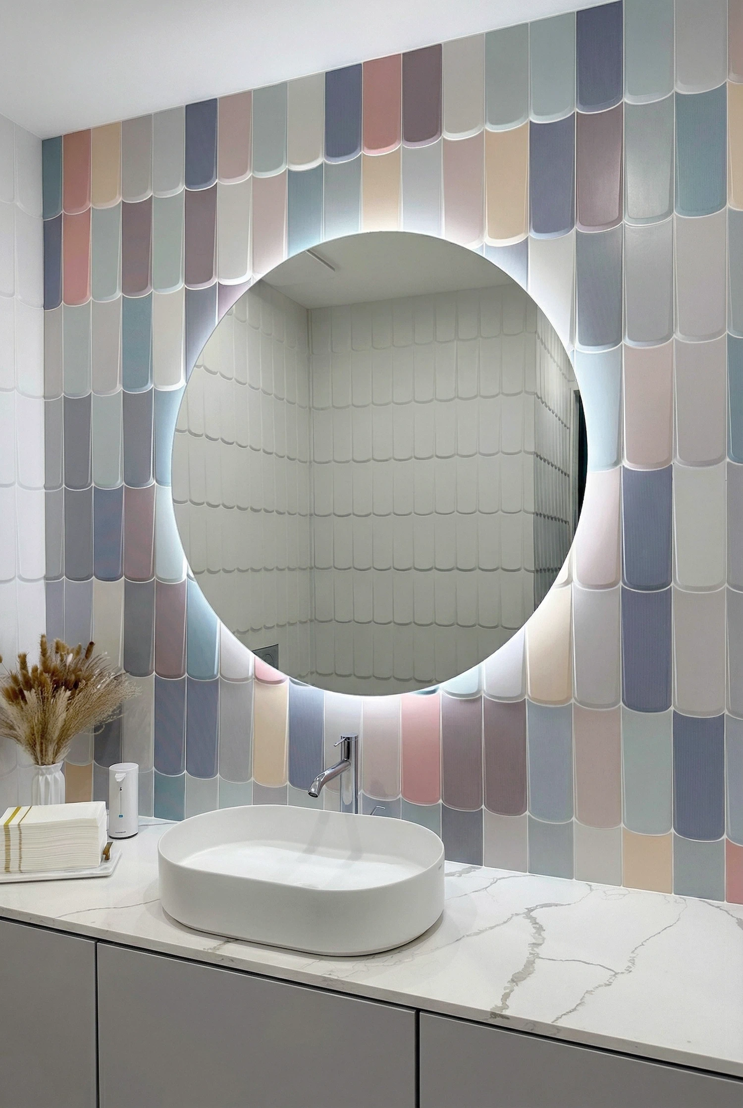 Professional bathroom wall tile installation in Miami with custom accent tile design and modern floating vanity