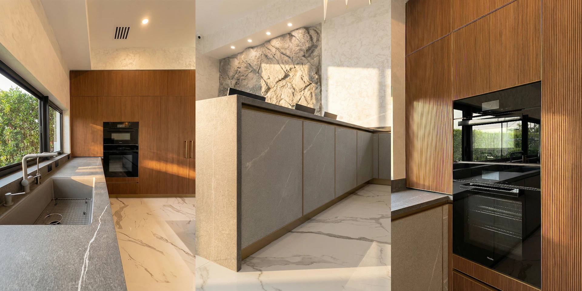 Porcelain slab countertop and backsplash installation with integrated sink and precision cutouts.