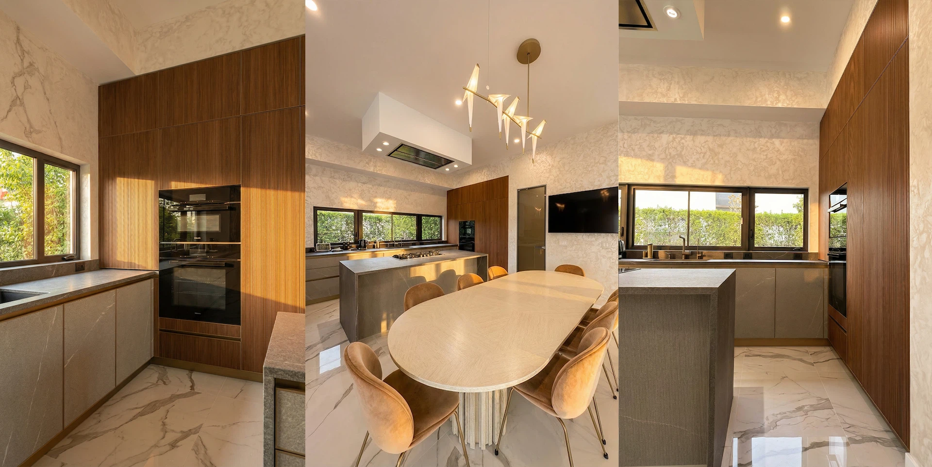 Luxury Miami kitchen featuring large-format slab countertops, custom cabinets, and professional tile installation.