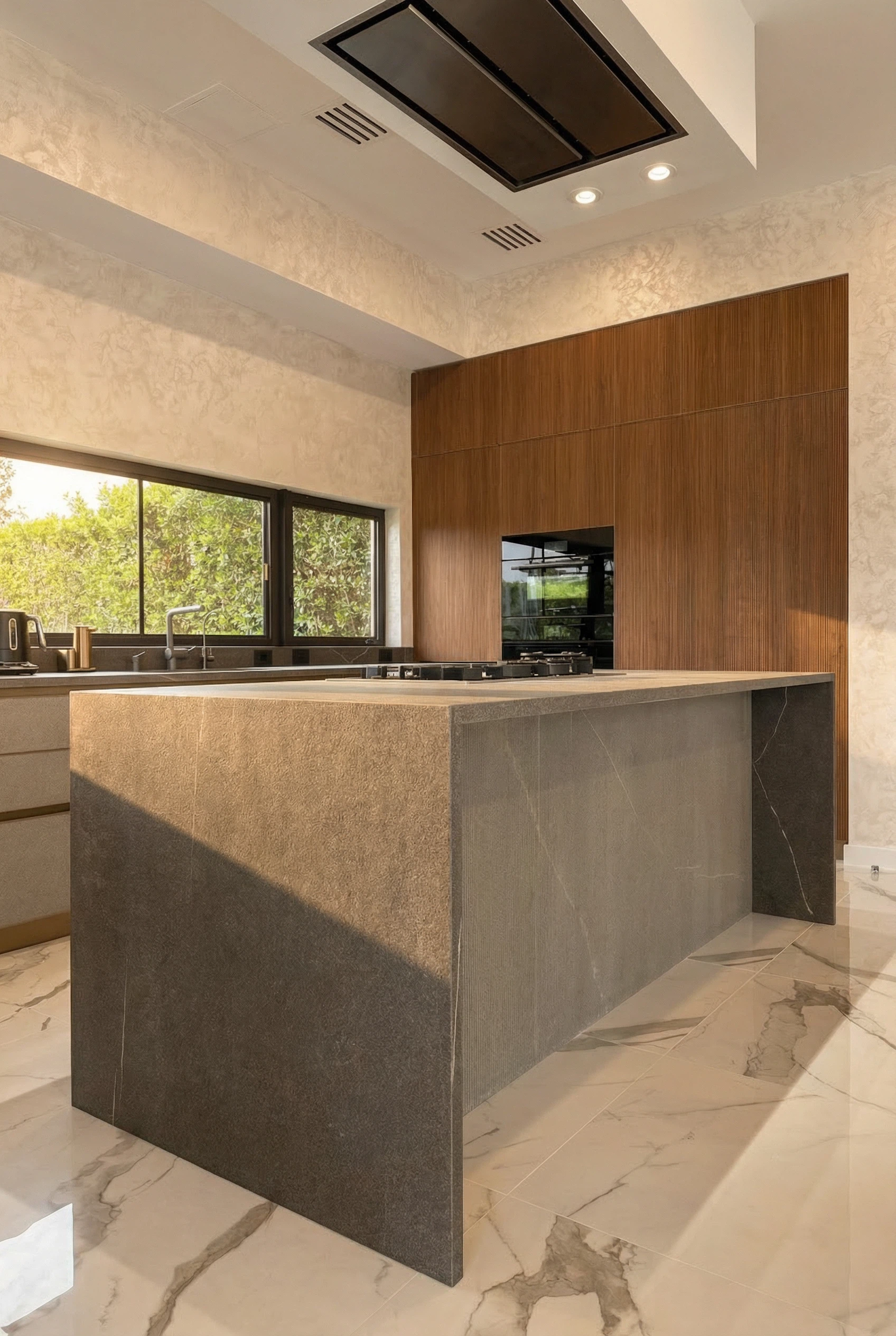 Luxury Miami kitchen featuring large-format slab countertops, custom cabinets, and professional tile installation.