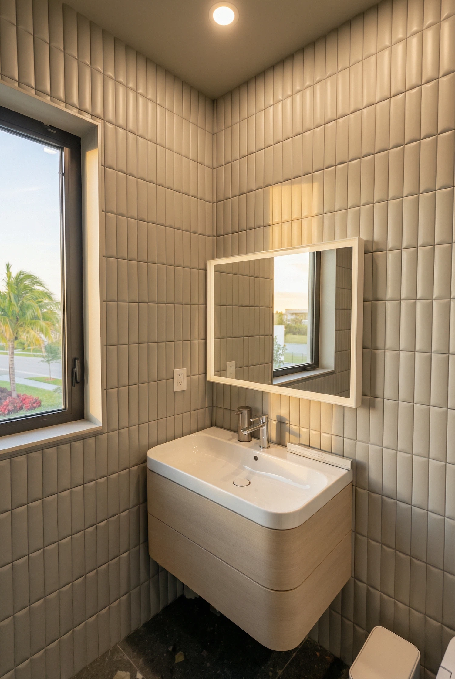 Detail view of patterned tiger-themed accent wall behind bathtub in modern bathroom