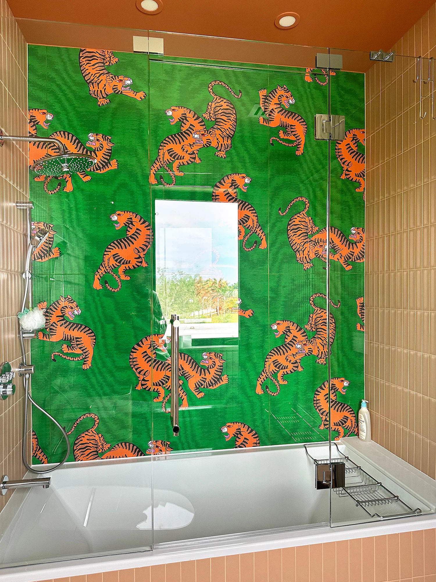 Close-up of colorful decorative tile feature wall with nature-inspired design