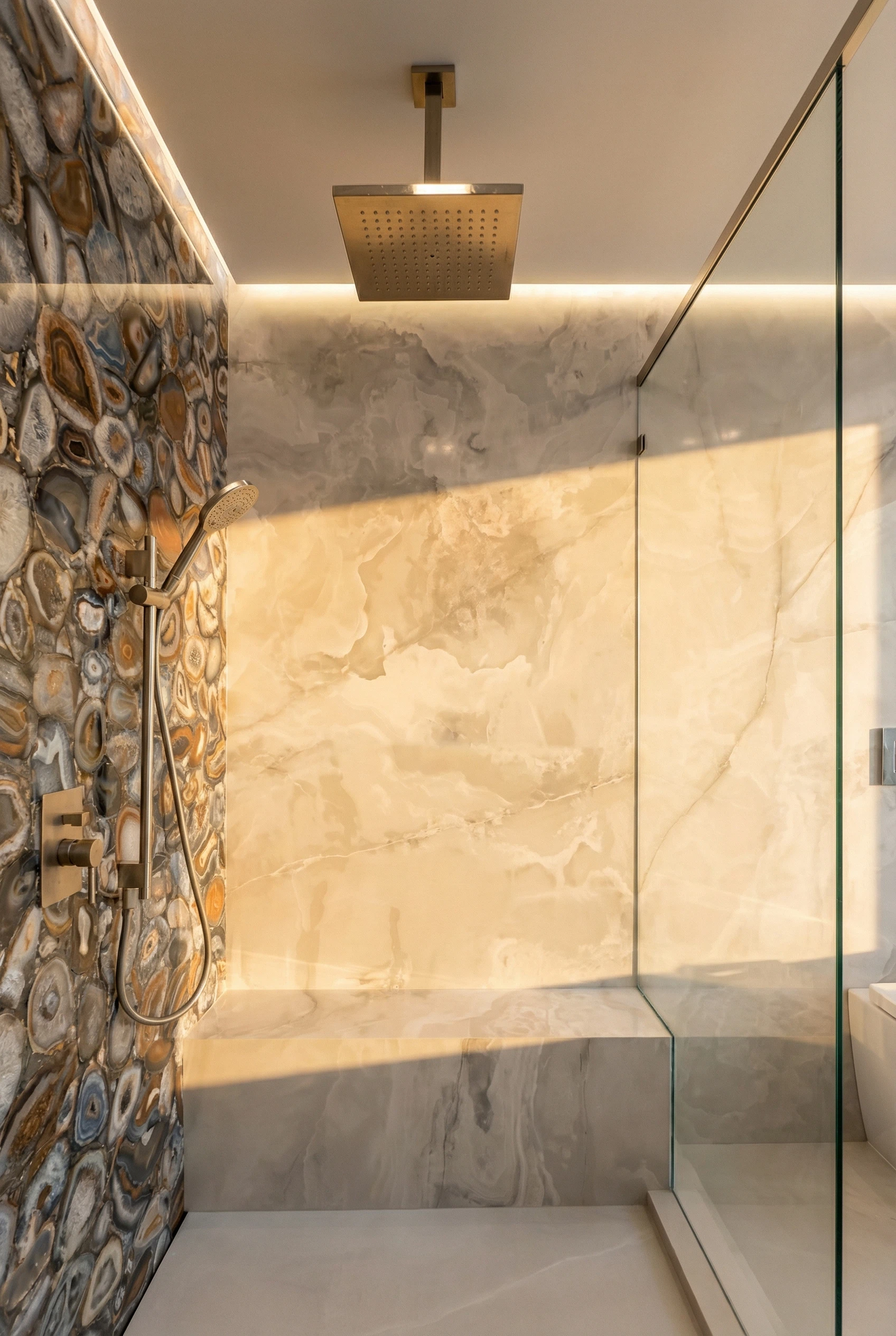 Custom bathroom renovation with LED mirrors and modern double vanity