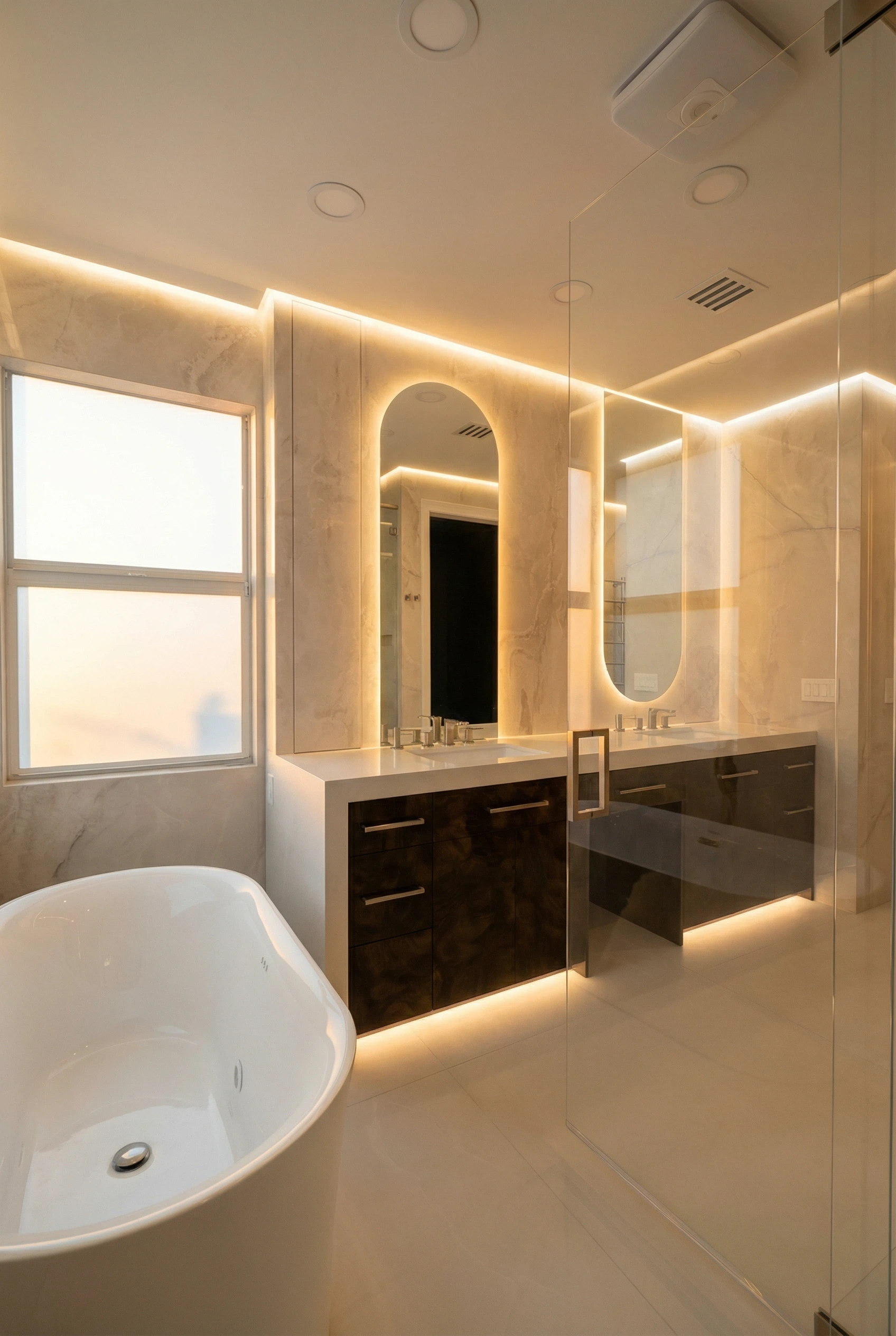 Contemporary bathroom featuring invisible linear drain and seamless tile installation