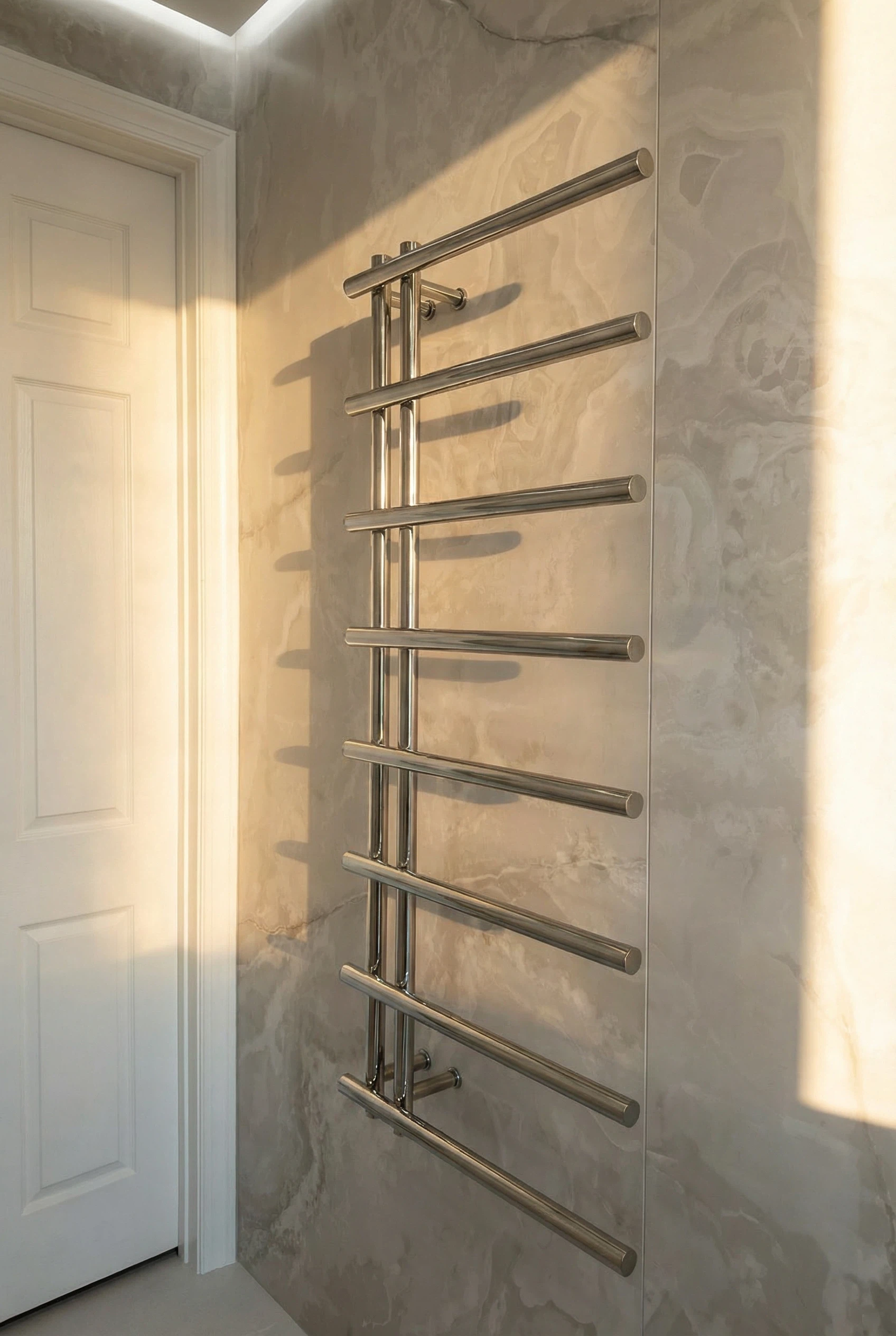Glass shower enclosure with precision mitered tile corners and modern gold fixtures