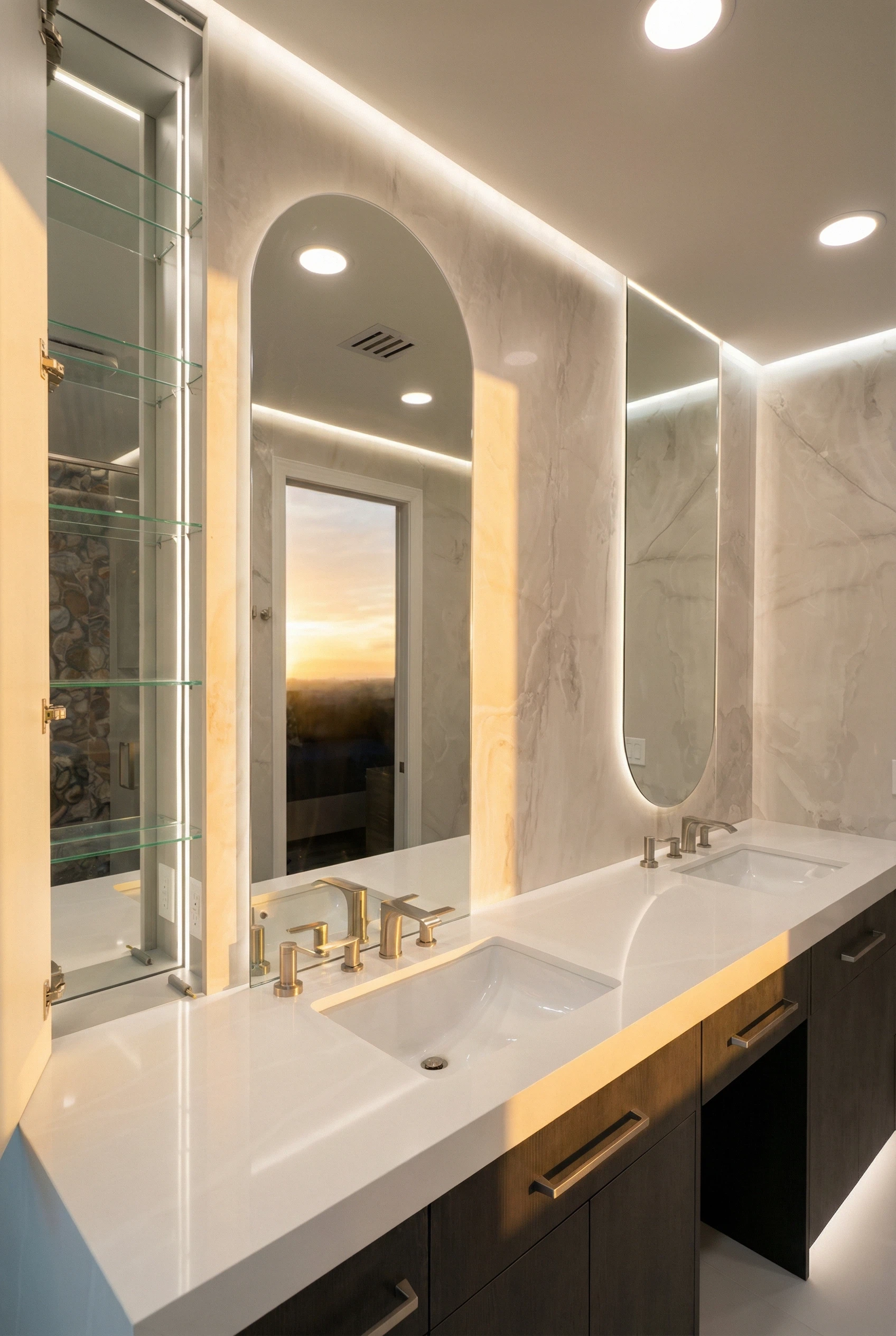 Double vanity area with illuminated LED mirrors and integrated lighting