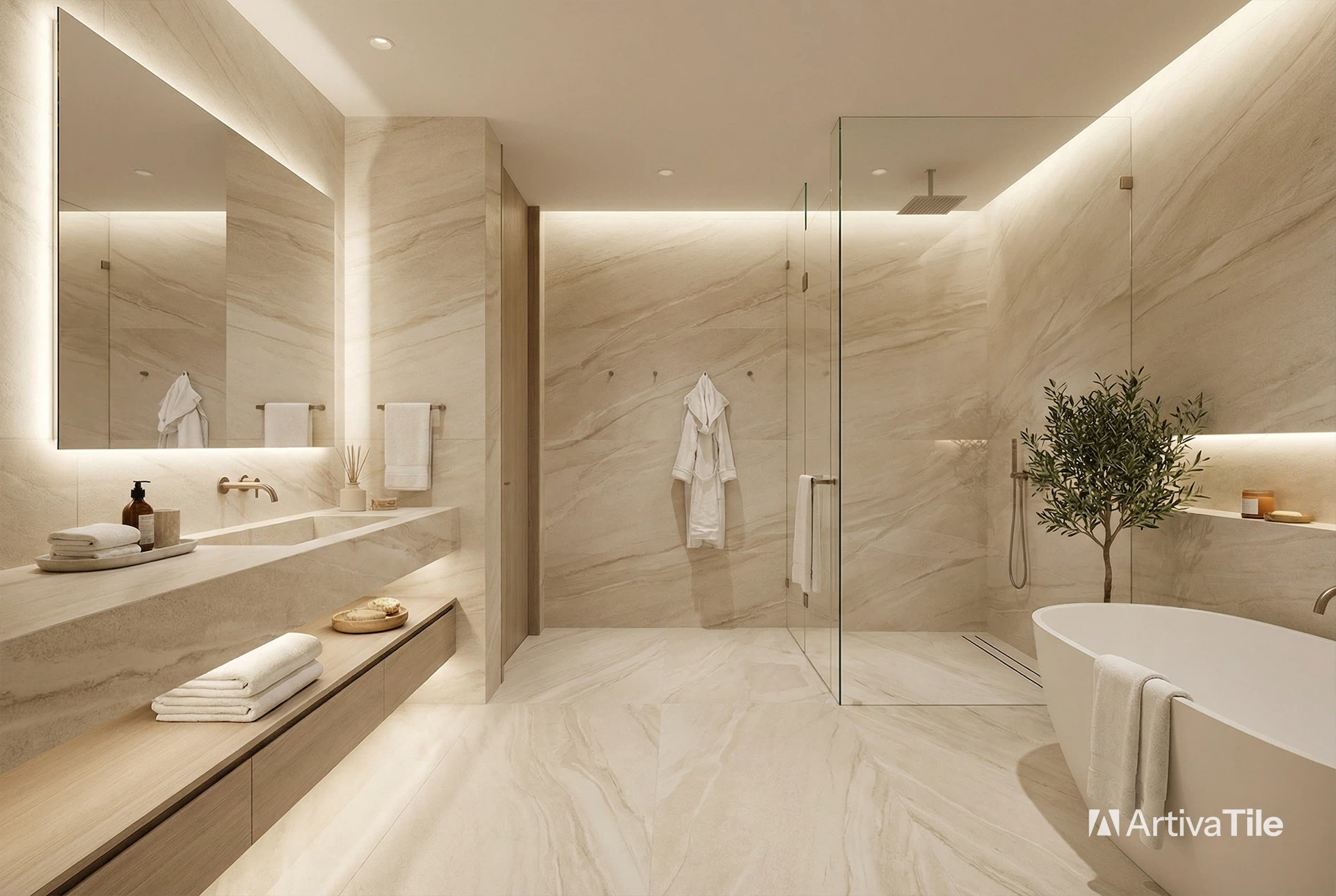 Large-format marble-look slab tile installation in luxury bathroom with minimal grout lines and full wall coverage in Miami