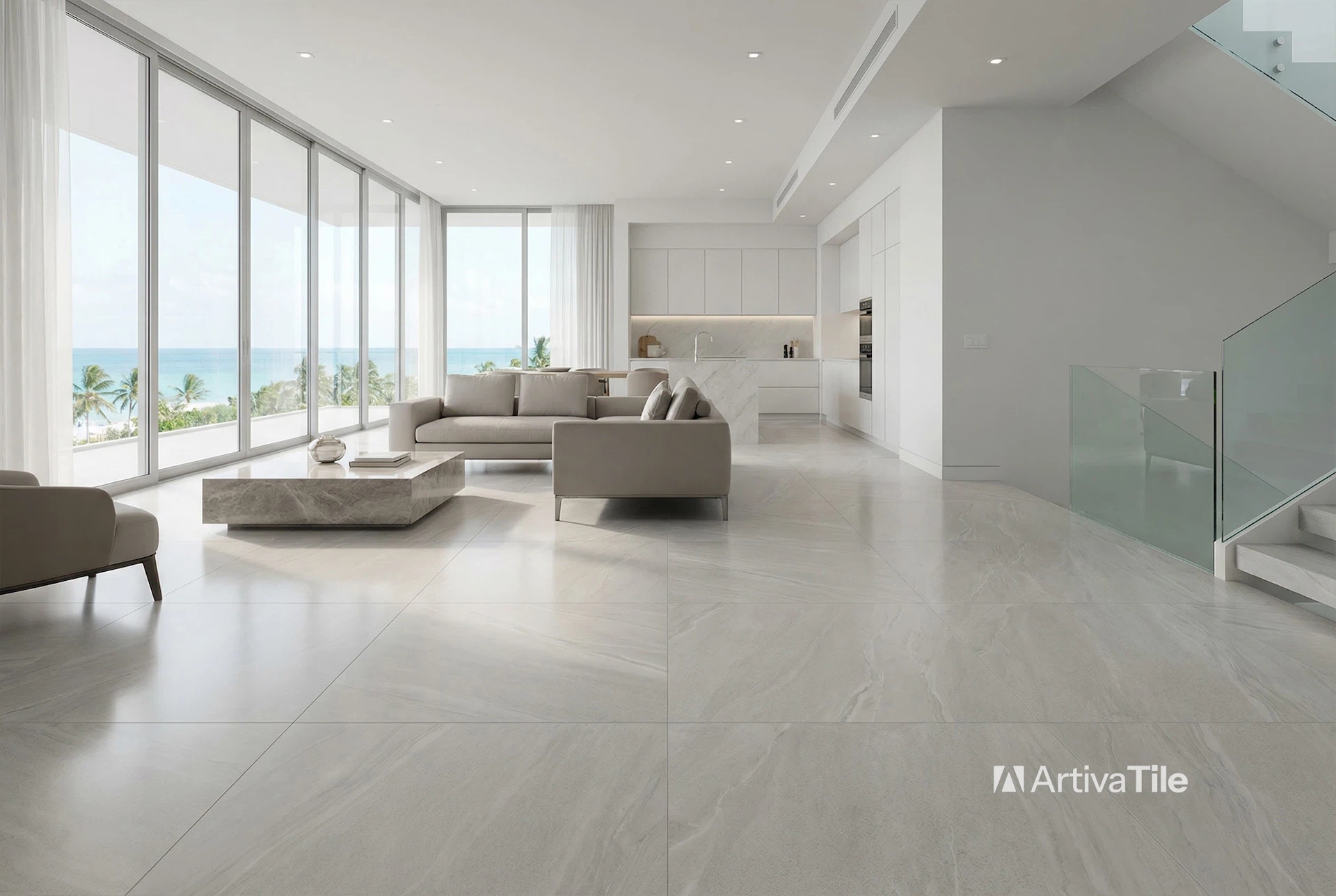 Luxury floor tile installation using large marble-look tiles with seamless finish and polished surface