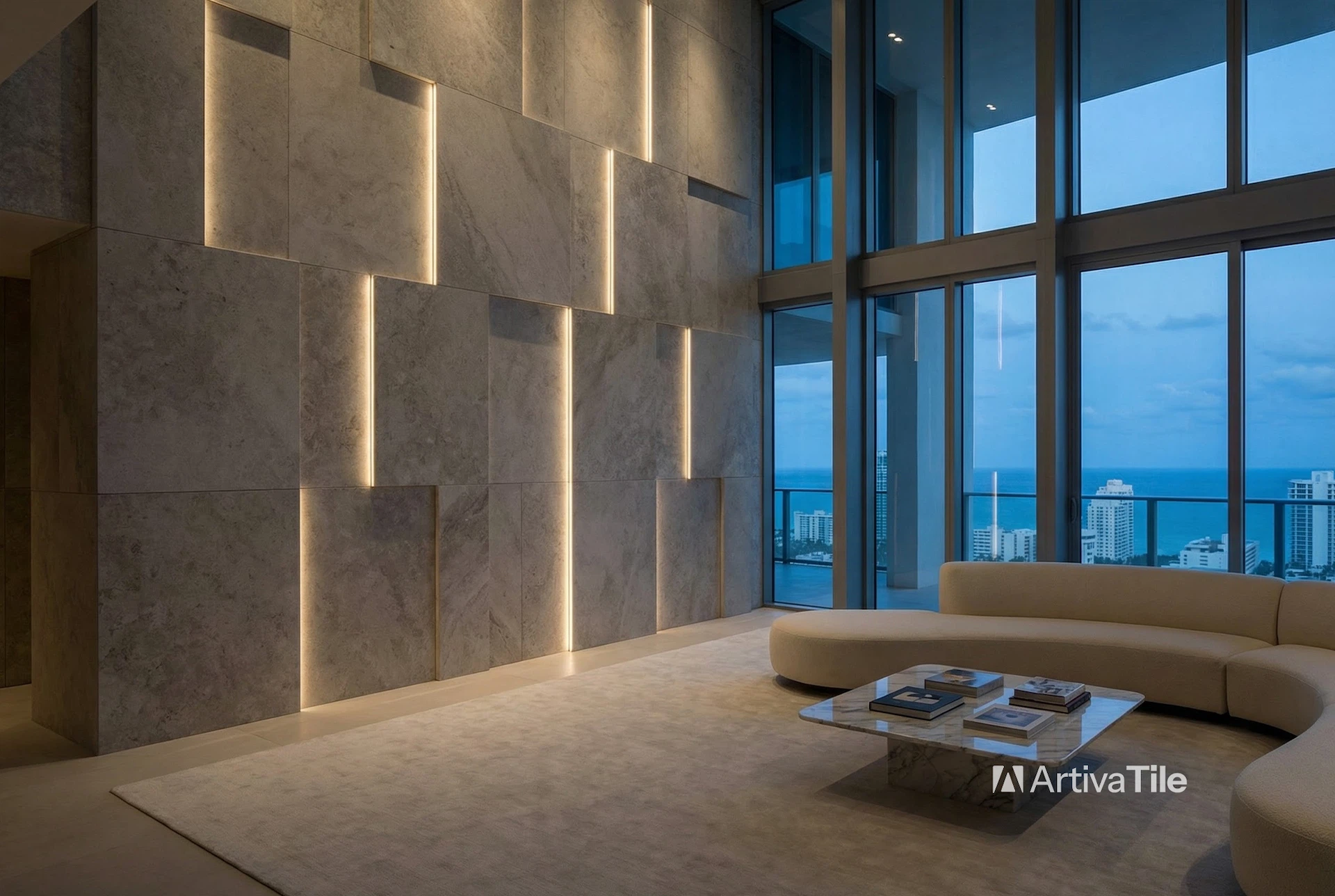Luxury wall tile installation with integrated LED lighting in a modern living room, large-format slab tile design by ArtivaTile Miami