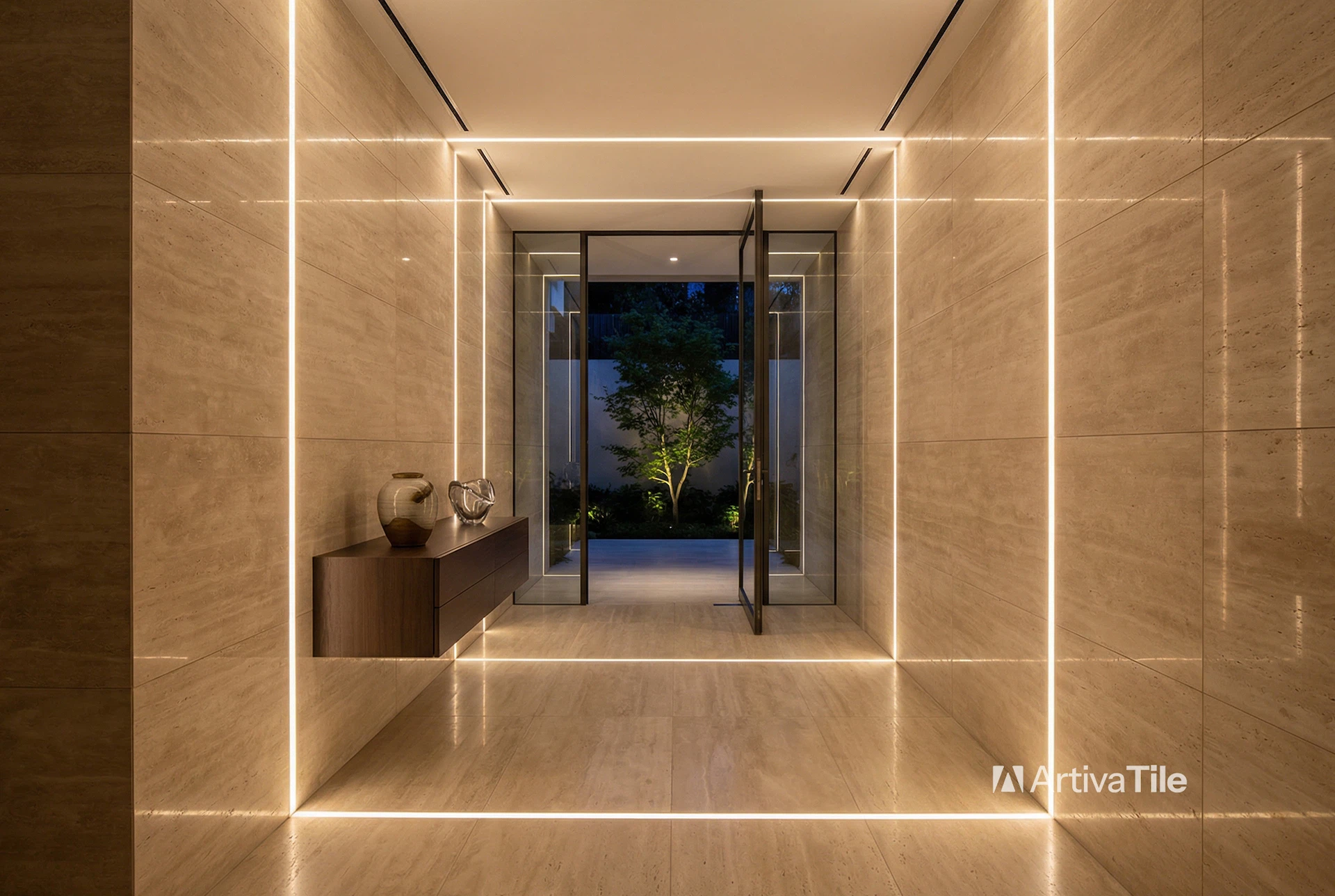 Luxury large-format slab tile installation with integrated LED lighting in a modern hallway, precision tile work by ArtivaTile Miami