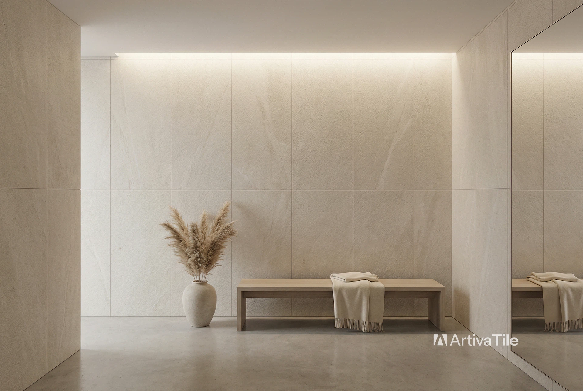Interior wall tile installation using large-format stone-look tiles with precise layout and minimal grout lines