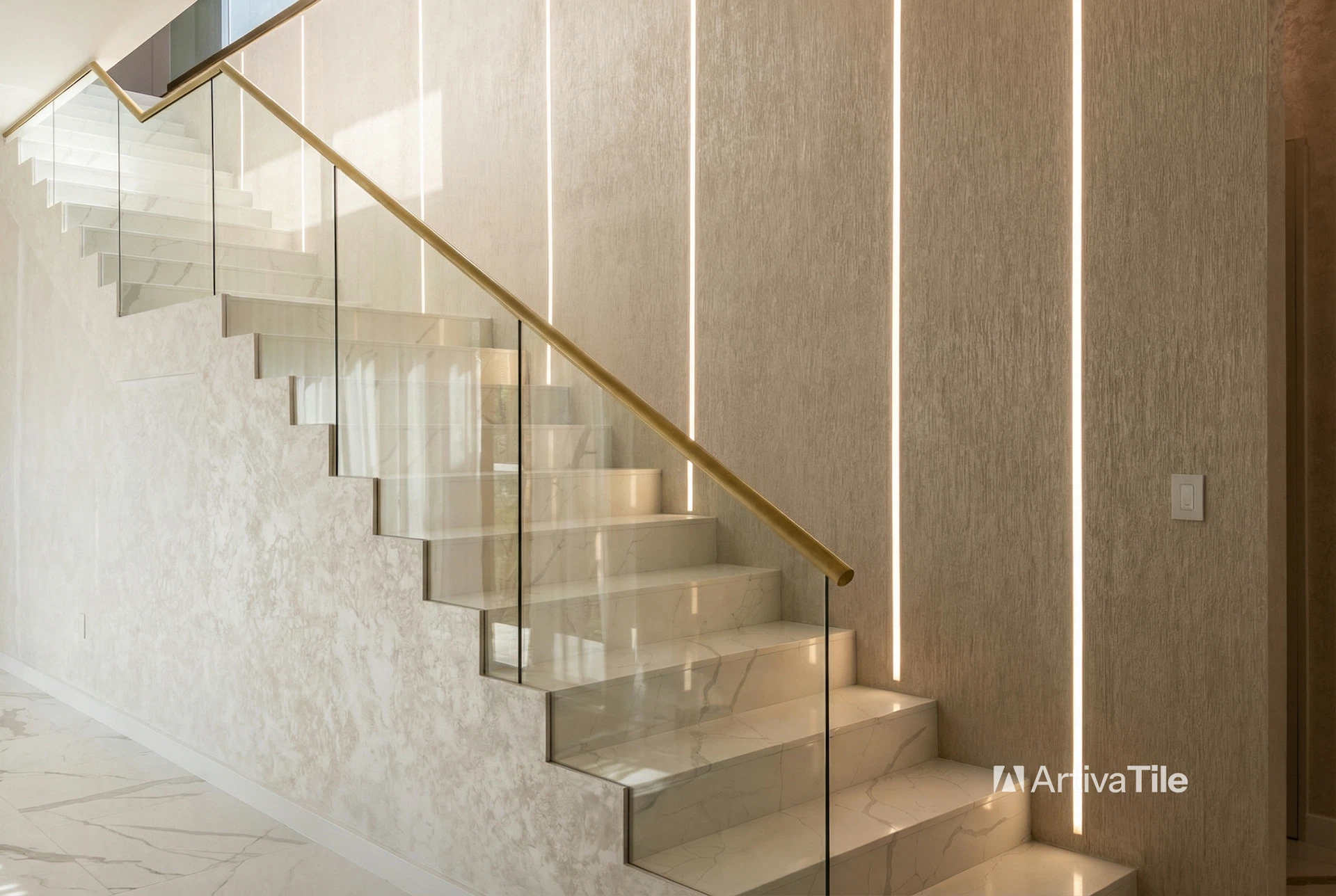 Tile staircase installation in Miami FL featuring large-format porcelain tiles and modern design