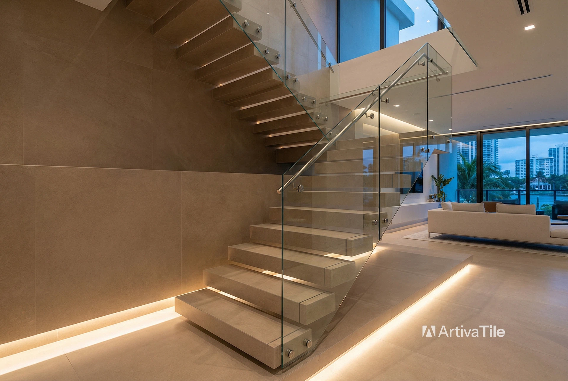 Tile staircase with floating steps, LED strip lighting, and glass railing requiring advanced installation and precise alignment