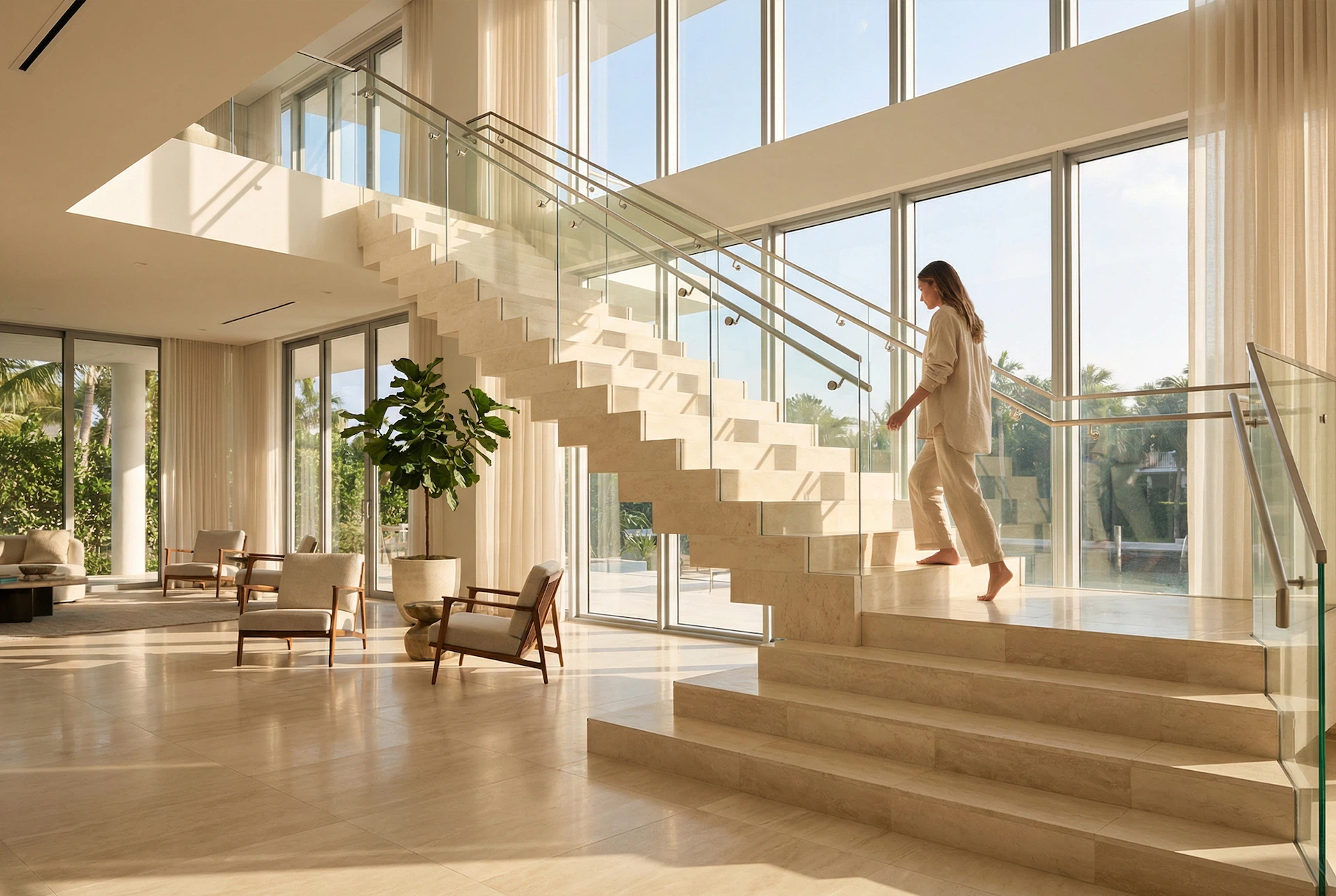 Tile staircase installation in Miami FL featuring large-format porcelain tiles and modern design