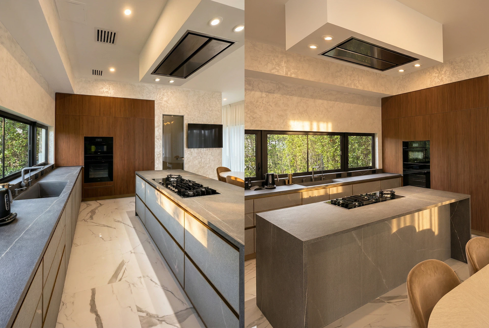Custom tile slab countertop fabrication and precision installation for modern Miami kitchen renovation.