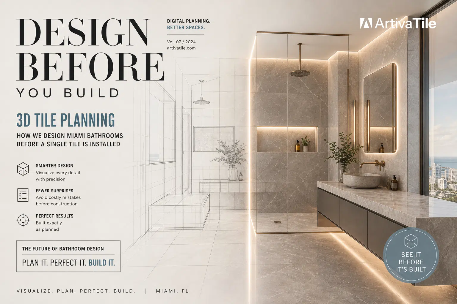 3D tile planning visualization for a luxury Miami bathroom showing digital blueprint transition into completed large-format tile installation with LED lighting and modern shower design by Artiva Tile.