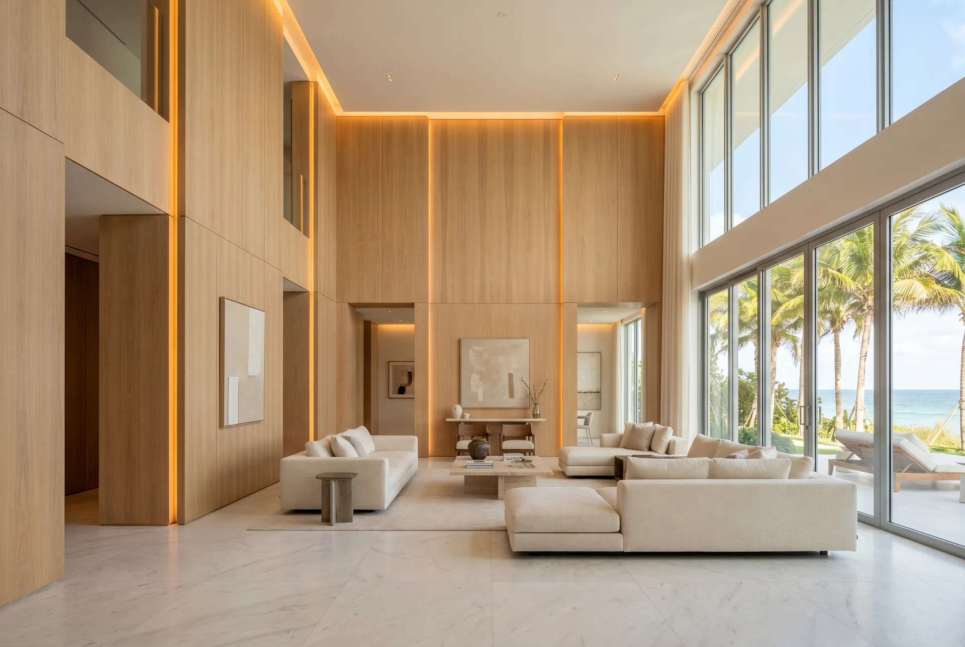 Luxury modern Miami interior with custom architectural wood panel installation, integrated LED lighting, double-height ceilings, large-format marble flooring, and floor-to-ceiling waterfront windows.