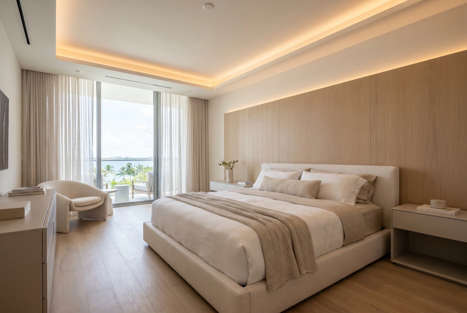 Modern luxury bedroom with architectural wood panel accent wall, integrated ceiling LED lighting, minimalist furniture, natural wood flooring, and floor-to-ceiling windows overlooking waterfront views in Miami.