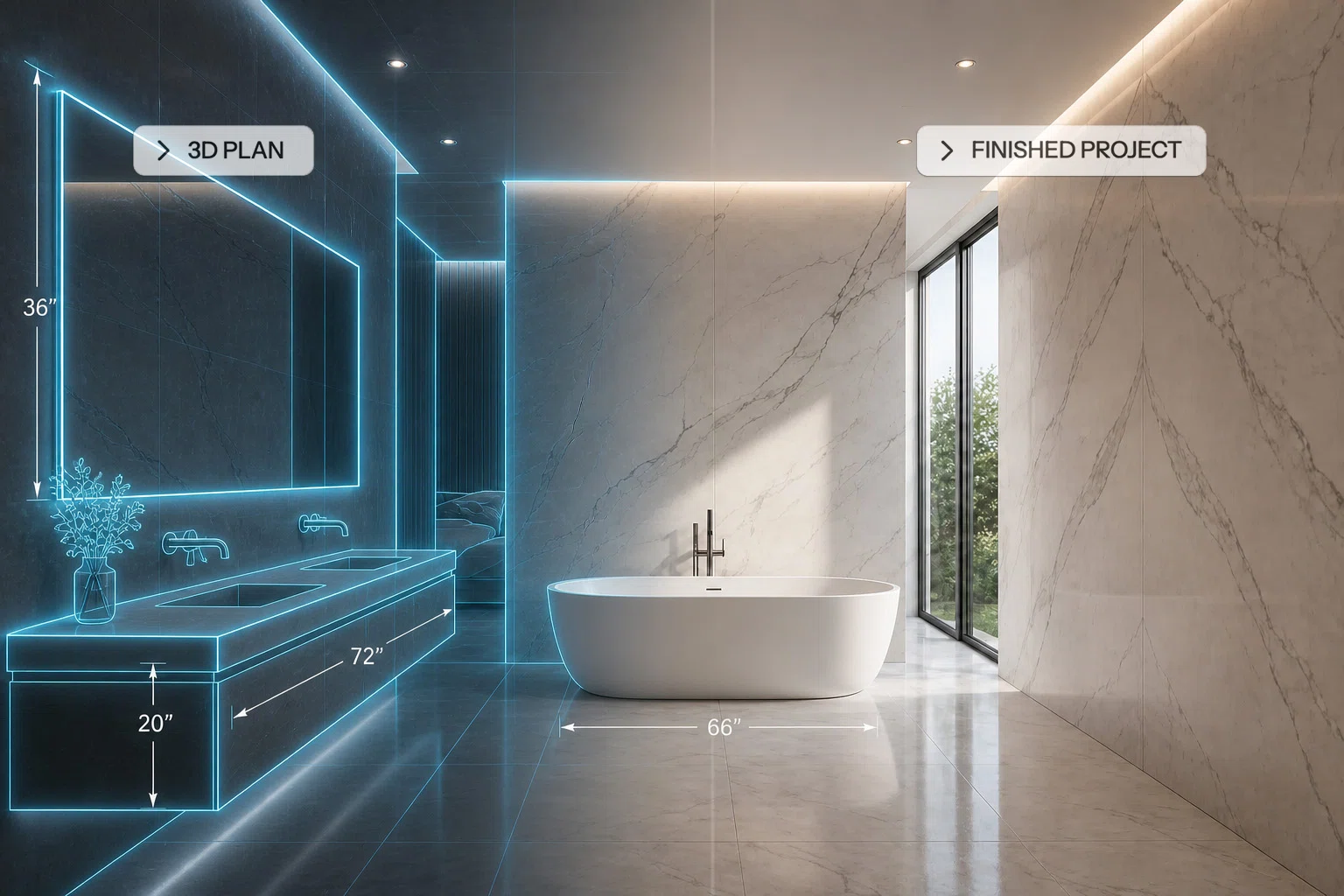 Split-screen comparison of 3D bathroom planning and finished luxury installation featuring large-format slab walls, digital layout visualization, freestanding tub, and modern Miami bathroom design.
