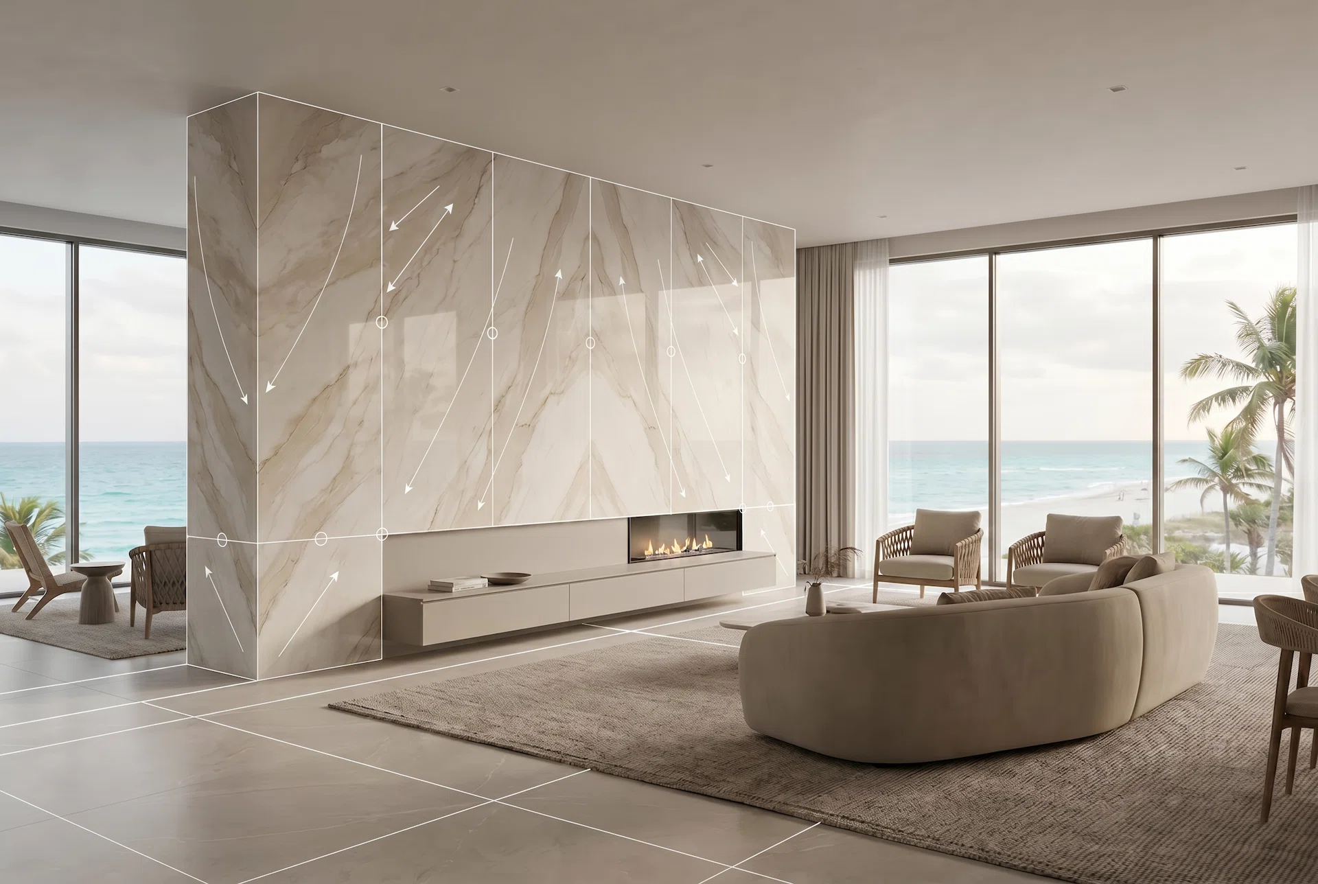 Luxury living room with bookmatched large-format slab fireplace wall showing digital layout planning lines, vein alignment strategy, and precision slab positioning before installation in a modern Miami home.