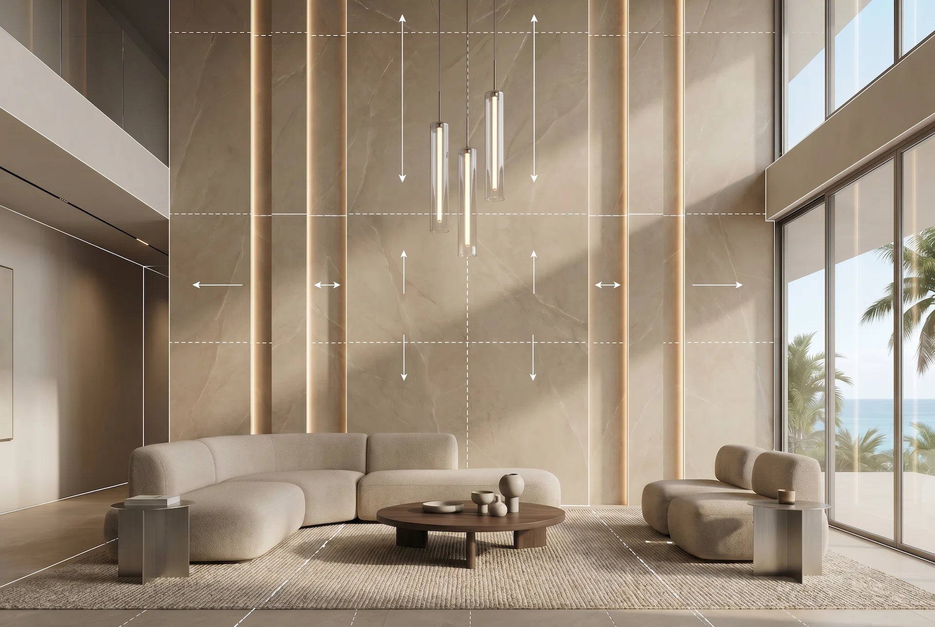 Luxury modern interior with architectural feature wall layout planning, integrated vertical LED lighting, precision alignment guides, and large-format wall panel design visualization in a Miami waterfront home.