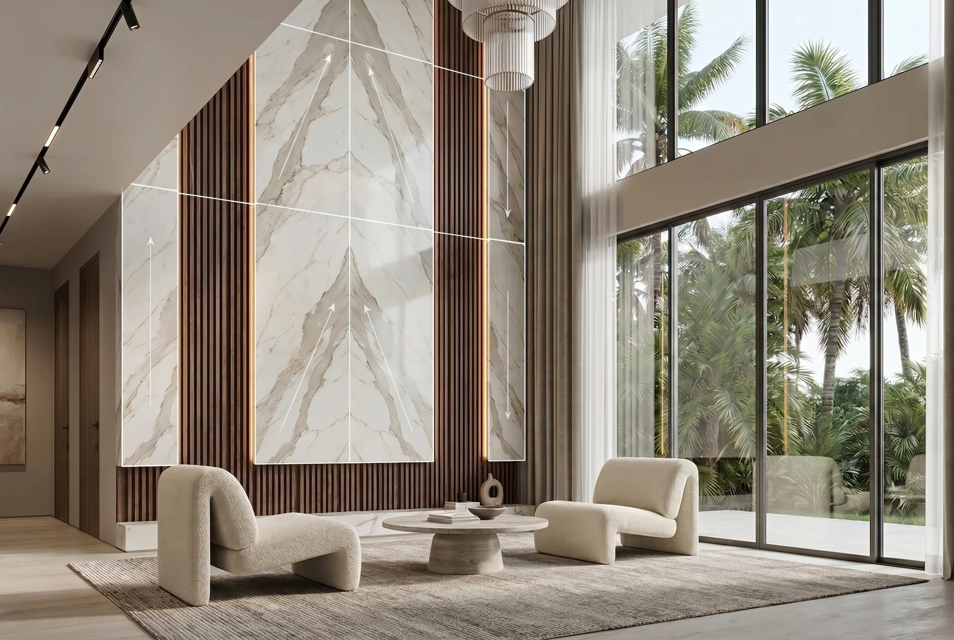 Luxury modern Miami interior with bookmatched large-format slab feature wall, architectural wood slat panels, integrated lighting, and digital layout planning overlays showing precision slab alignment before installation.