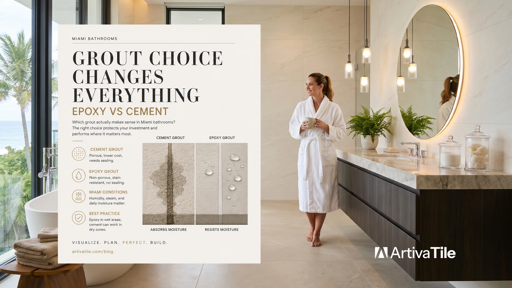 Luxury Miami bathroom with educational comparison guide explaining epoxy grout vs cement grout, highlighting moisture resistance, durability, and best grout choices for modern bathroom tile installations.