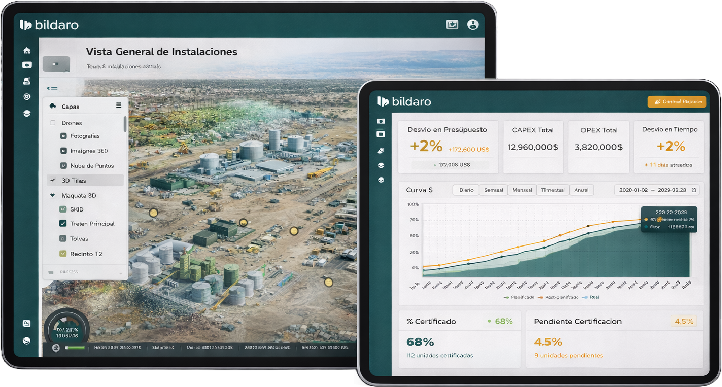 Vista general de una planta industrial en una pantalla con menú de capas y control de drones, al lado otra pantalla muestra gráficos de desviación presupuestaria y certificación de unidades.
