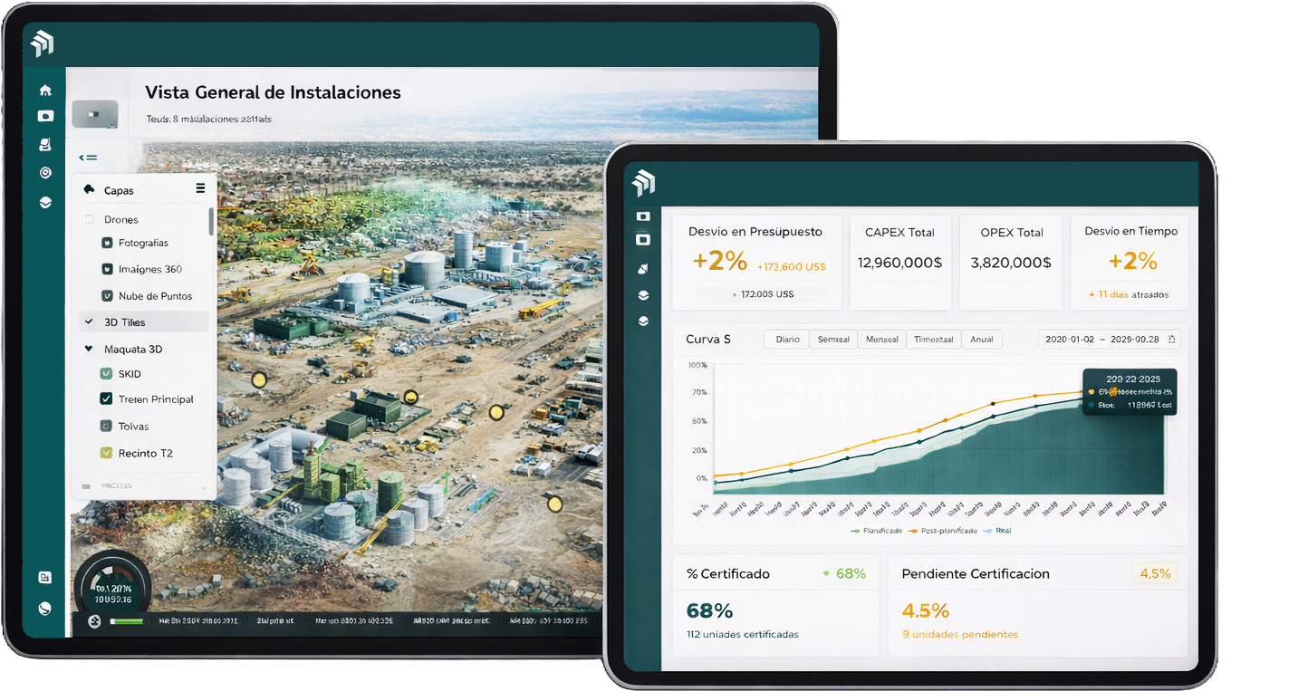 Vista general de una planta industrial en una pantalla con menú de capas y control de drones, al lado otra pantalla muestra gráficos de desviación presupuestaria y certificación de unidades.