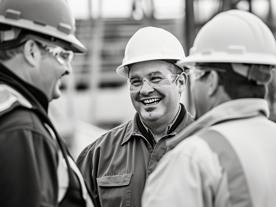 Three construction workers wearing safety helmets and goggles smiling and talking together on site.