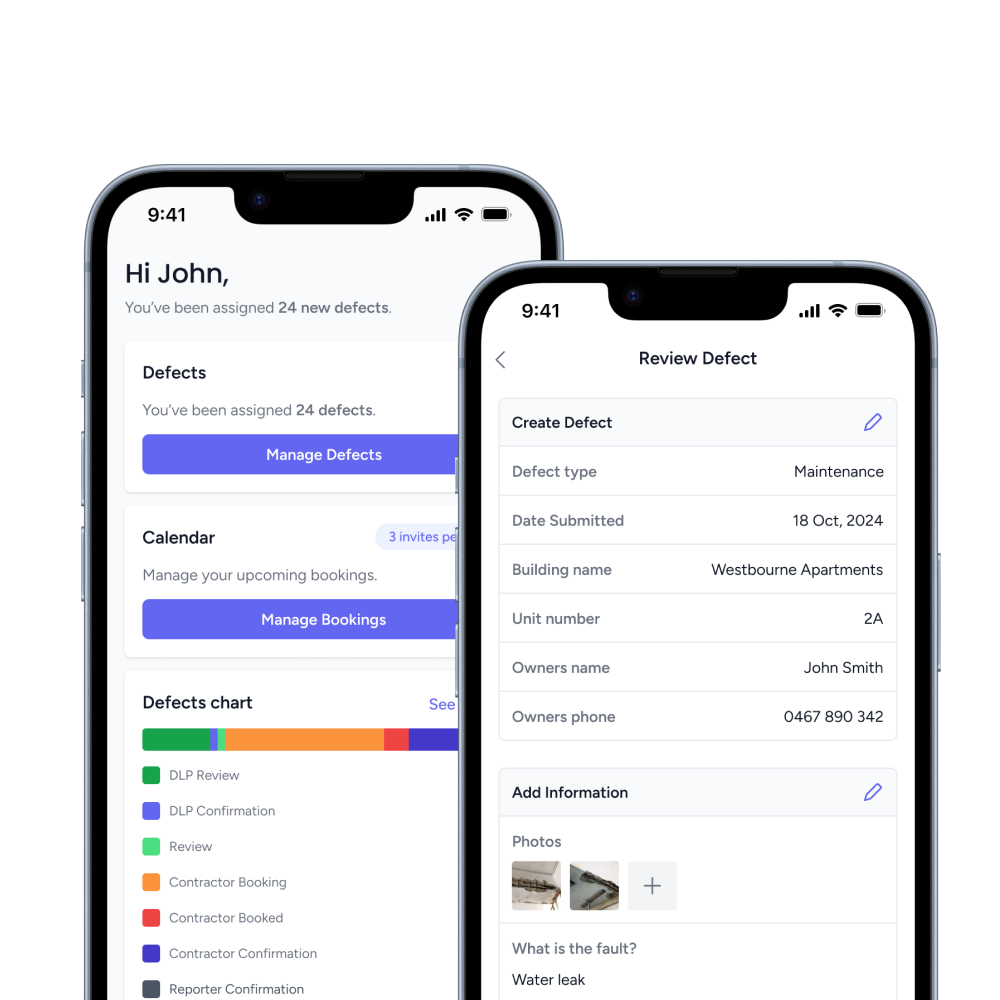 Mobile app interface showing defect management with tasks assigned to John, defect details, and defects chart.