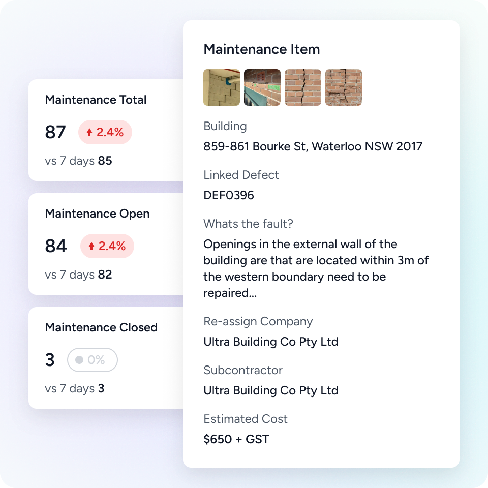 Dashboard showing maintenance summary with totals for open, closed, and overall items, and detailed view of a maintenance item involving wall cracks at 859-861 Bourke St, Waterloo NSW with estimated cost $650 + GST.