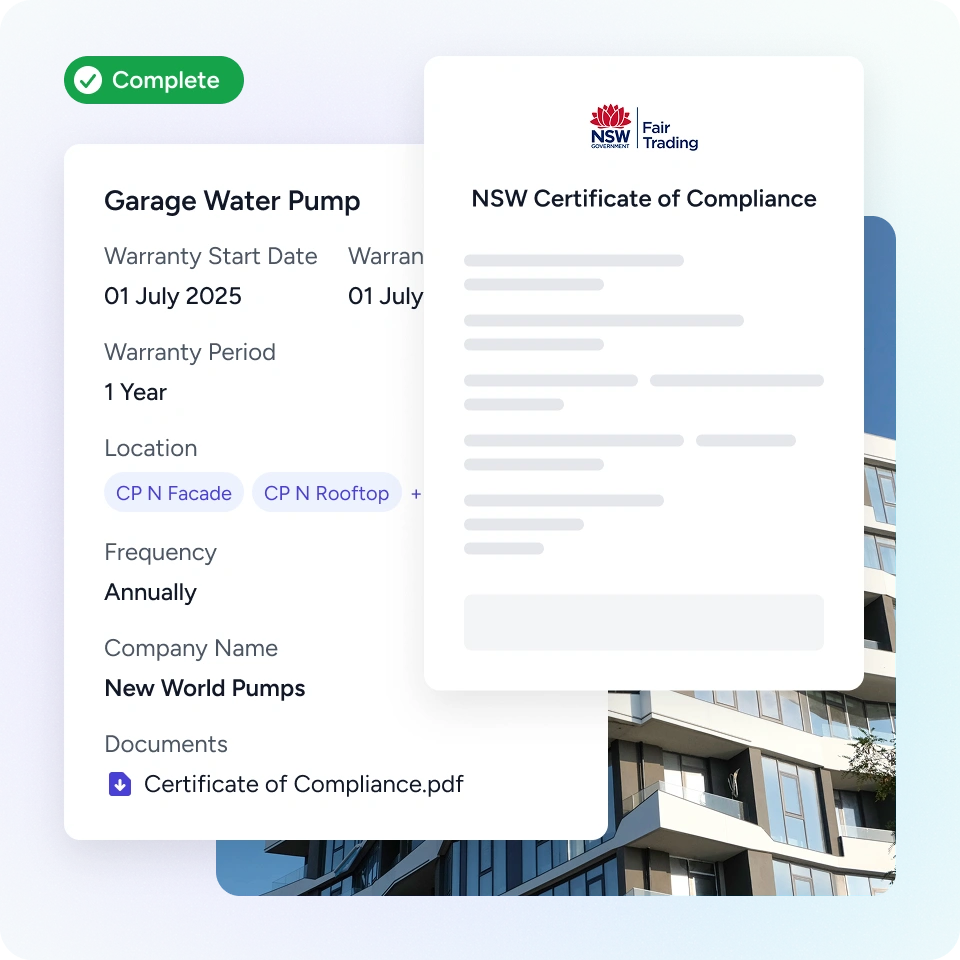 User interface showing a completed warranty management entry for a garage water pump with warranty details and an overlay of an NSW Certificate of Compliance document.