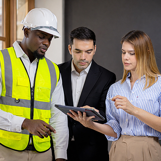 Three professionals reviewing information on a tablet, including a man in a construction helmet and safety vest.