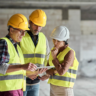 Three construction workers wearing safety helmets and yellow vests reviewing plans on a digital tablet at a construction site.