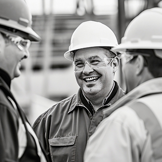 Three construction workers wearing hard hats and safety glasses engaged in a conversation, smiling.