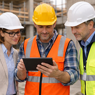 Three construction workers wearing hard hats and safety vests looking at a tablet on a construction site.