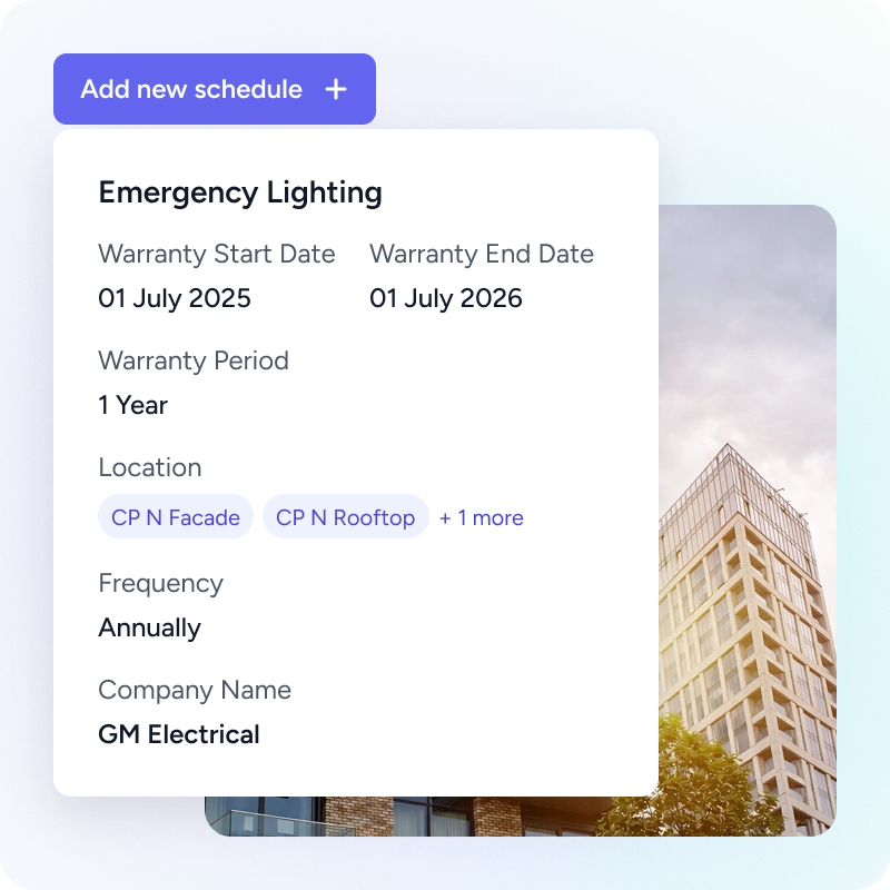 Operations maintenance schedule card for Emergency Lighting showing warranty start and end dates July 2025 to July 2026, 1-year warranty, locations CP N Facade and CP N Rooftop plus one more, frequency annually, and company GM Electrical.
