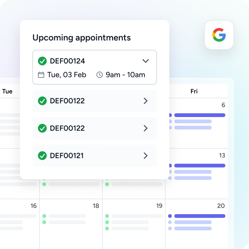 Digital calendar interface showing upcoming appointments with IDs and a selected appointment on Tue, 03 Feb from 9am to 10am.