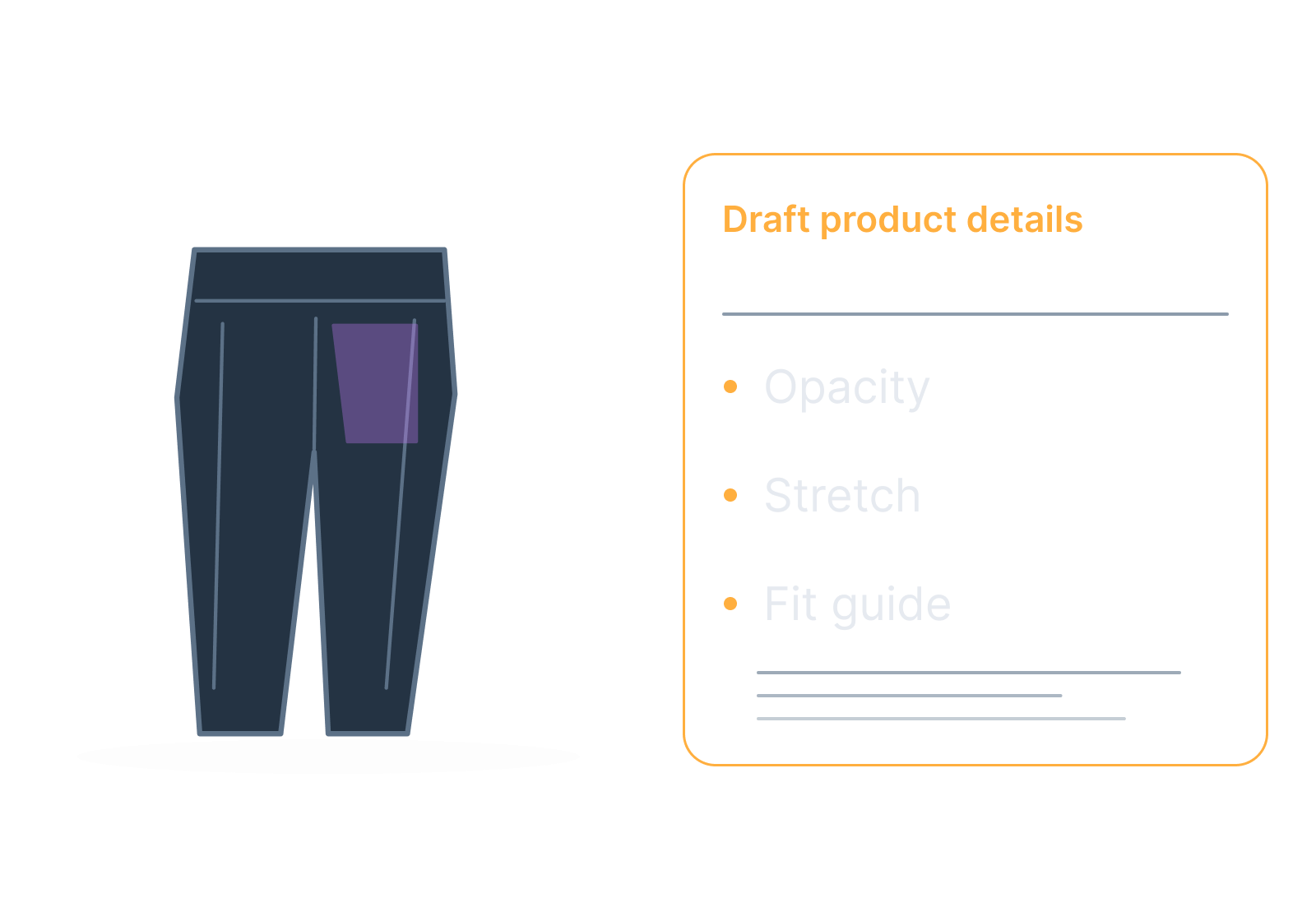 Illustrative leggings and their product tag showing opacity, stretch, fit guide.