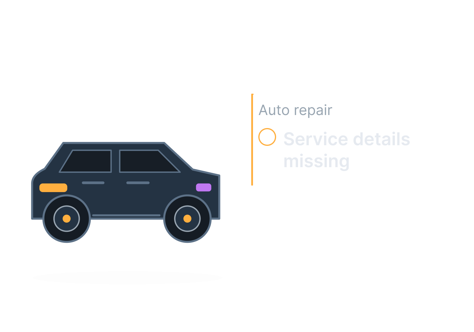 Illustrative car, service board and appointment request showing service details missing.